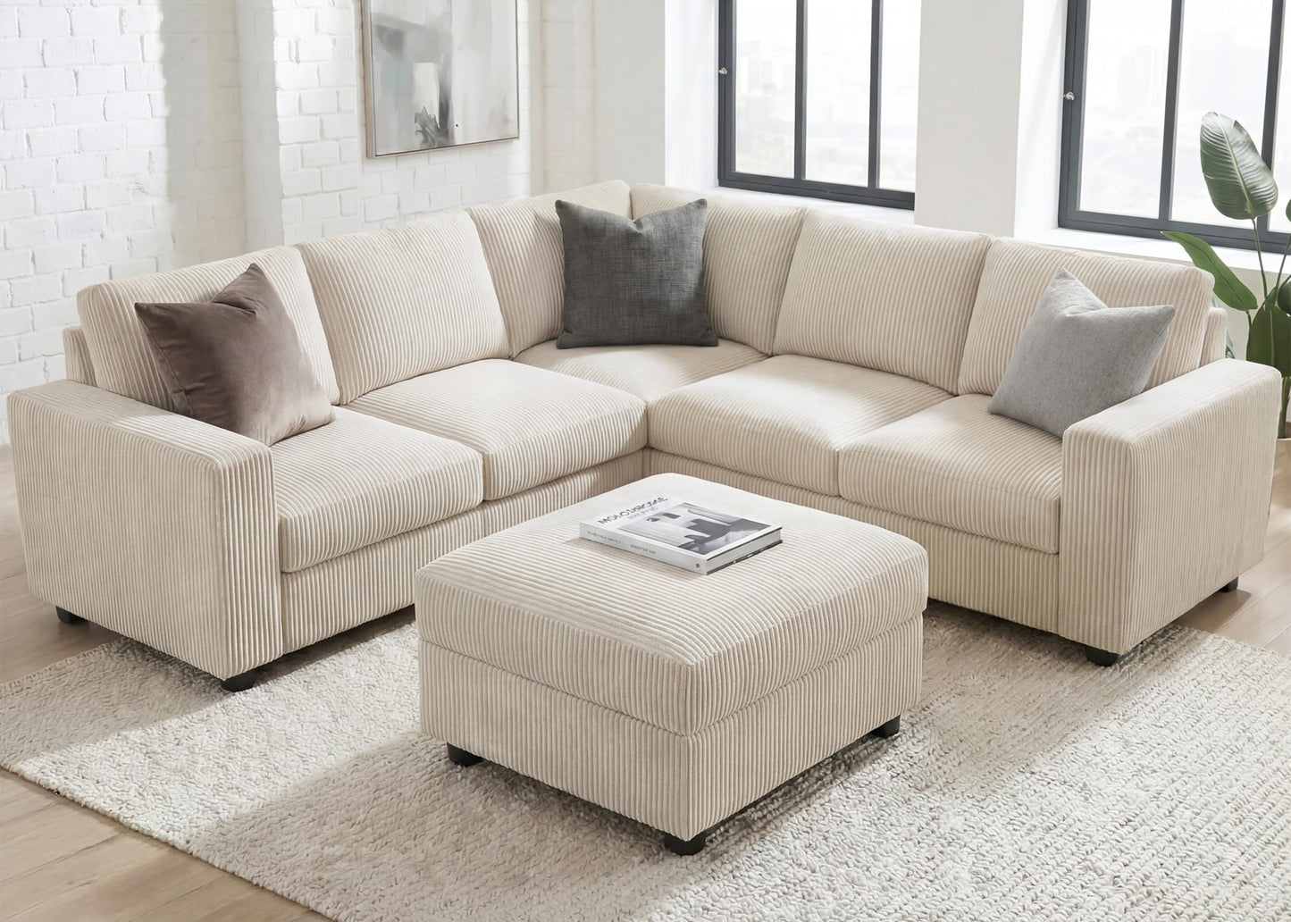 HONBAY Corduroy Sectional Sofa, 80 Inch 6 Seats L Shaped Couch with Ottoman for Living Room, Beige