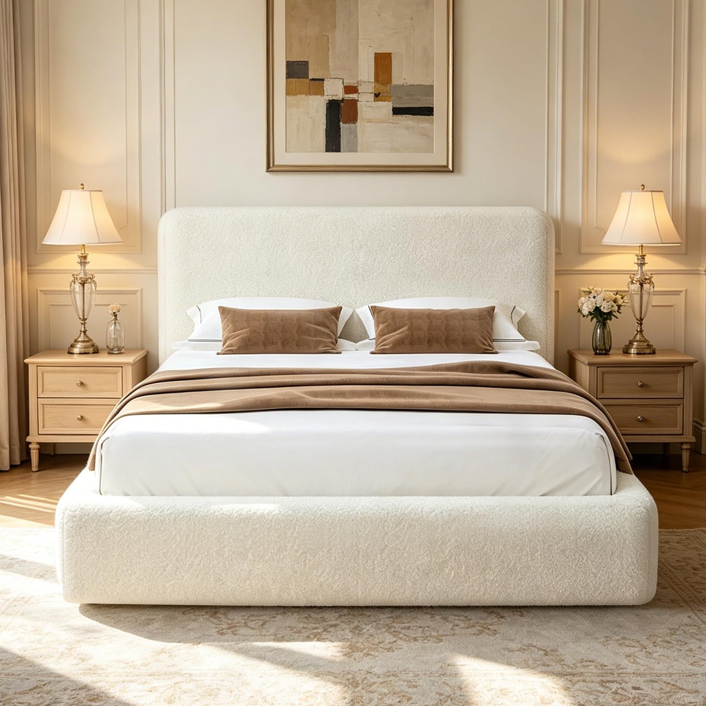 Oakvera Queen Cloud Bed Frame with Headboard, Boucle Upholstered Low Platform Bed, Anti-Collision Soft Sponge Cushion, for Modern Bedrooms, Apartments & Guest Rooms, No Box Spring Needed, Beige