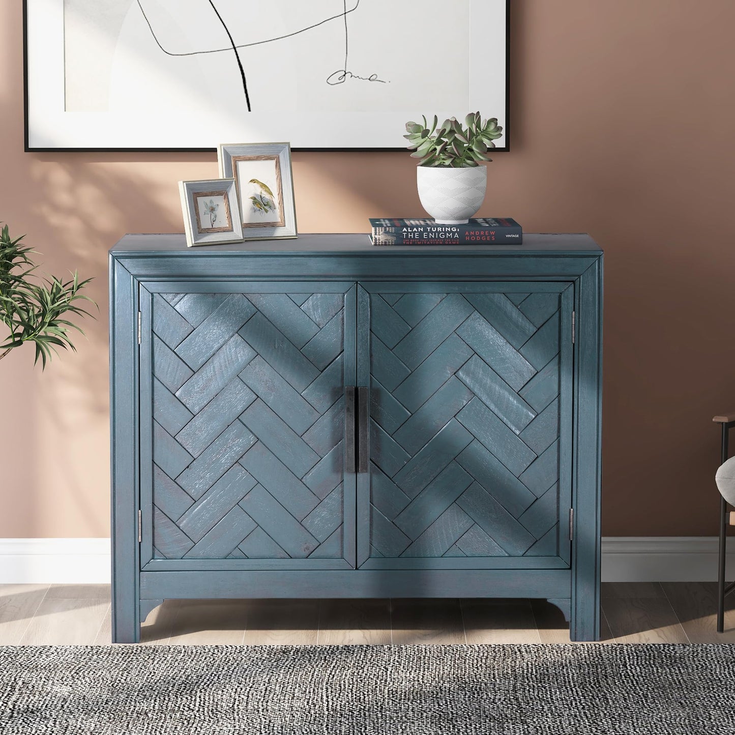 Merax Wood Farmhouse Buffet Sideboard with Adjustable Shelves Wood Coffee Bar Cabinet Sofa Table for Living Room Bedroom Dinning Room Antique Blue