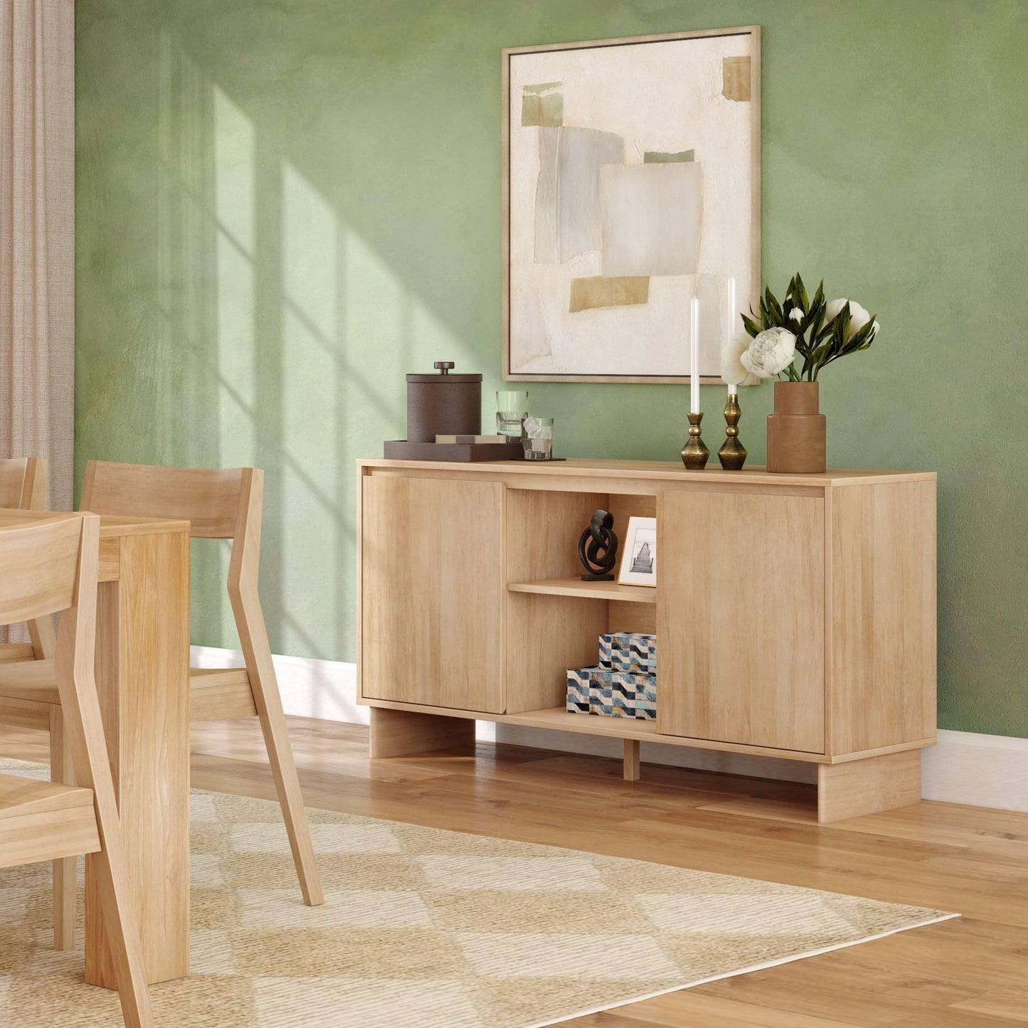 Plank+Beam 59" Modern Sideboard Cabinet, Solid Pine Wood Buffet Table with 2 Doors & Open Shelf, Storage Console for Dining Room or Entryway, Blonde Finish