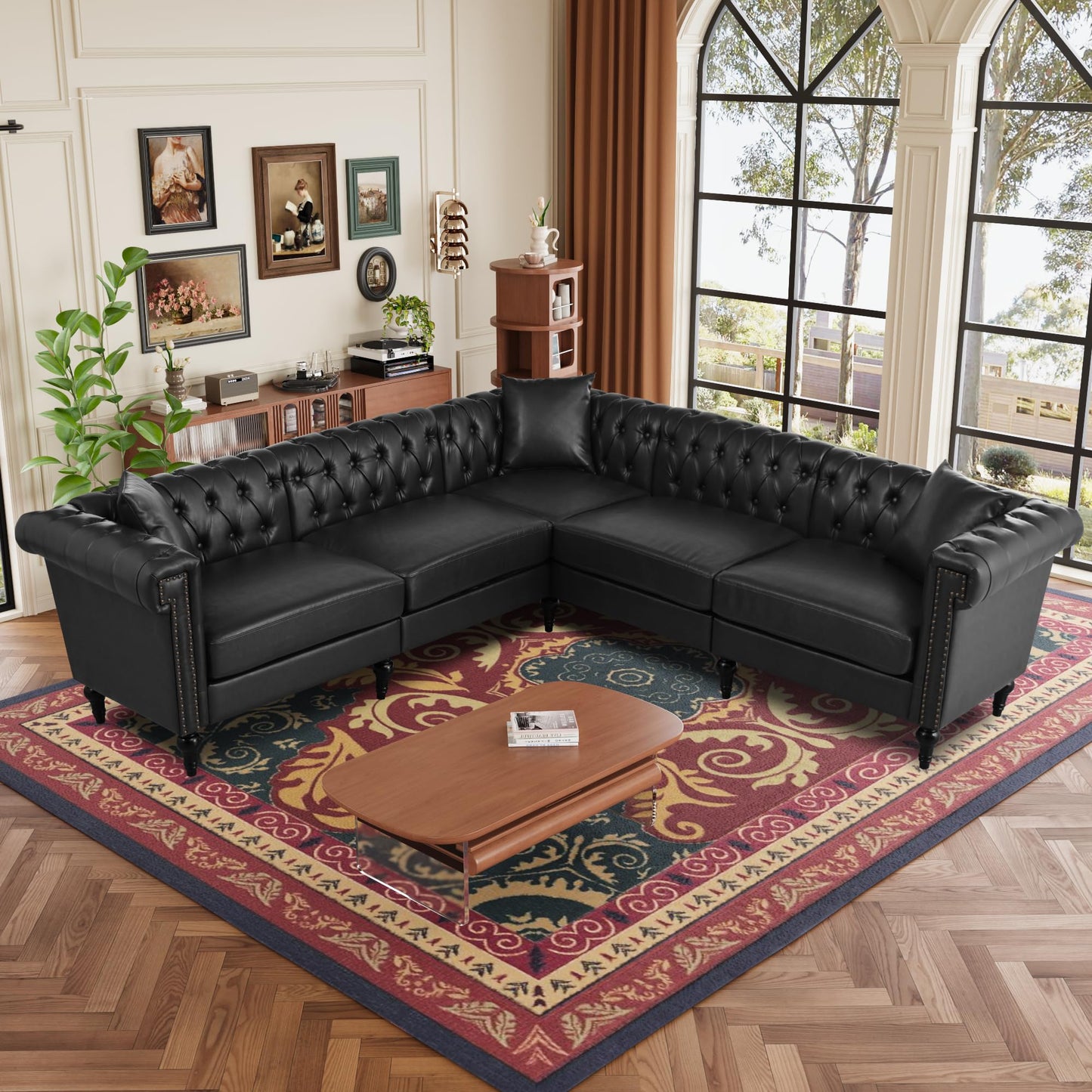 KEIKI 99" L-Shaped Luxury PU Leather Chesterfield Sectional Sofa with Rolled Arms and Nailhead, Mid-Century Style Oversized 5-Seater Button Tufted Couch, Easy Assembly, for Living Room, Black