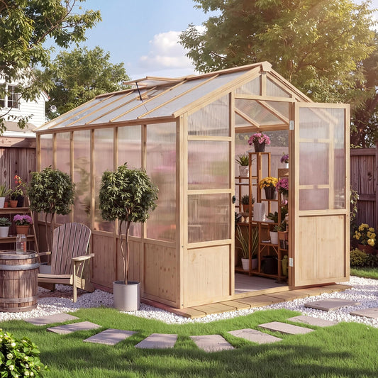6x12 FT Wooden Greenhouse for Outdoor, Walk-in Greenhouse Kit with Ventilated Window & Lockable Door & Polycarbonate Panels, Large Wood Frame Green House for Garden, Backyard, Patio, Lawn, Plant