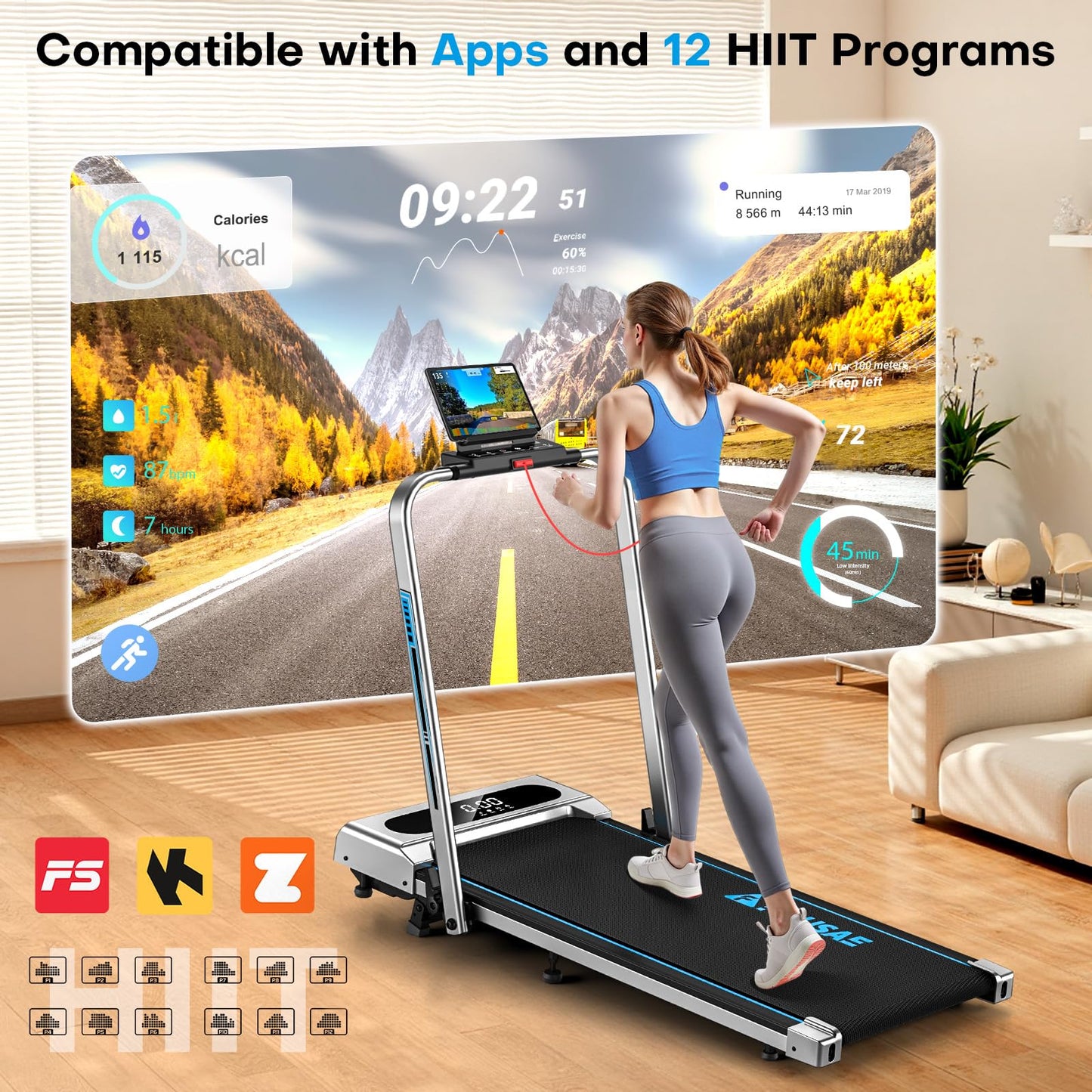 FOUSAE 5 in 1 Foldable Treadmill, 7.5 MPH Treadmills for Home with App Compatible, Treadmill with 10% Incline, 3.0HP Brushless Drive, Remote Control and LED Display, 12 HIIT Programs, 400 LBS Capacity