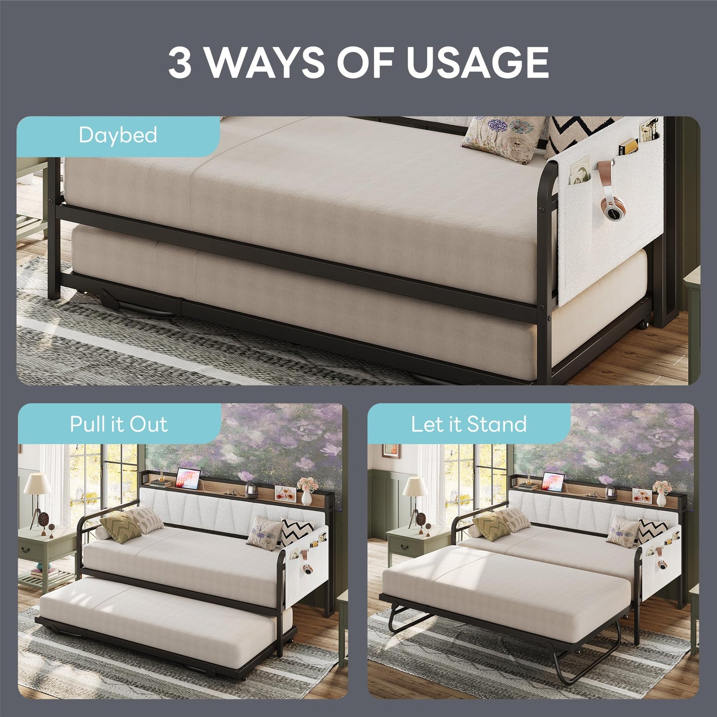 LIKIMIO Twin Daybed, Day Bed with Trundle, Storage Boucle Upholstered Headboard and Charging Station, Trundle Bed with Strong Supports for Living Room, Bedroom, and Guest Room, Cream