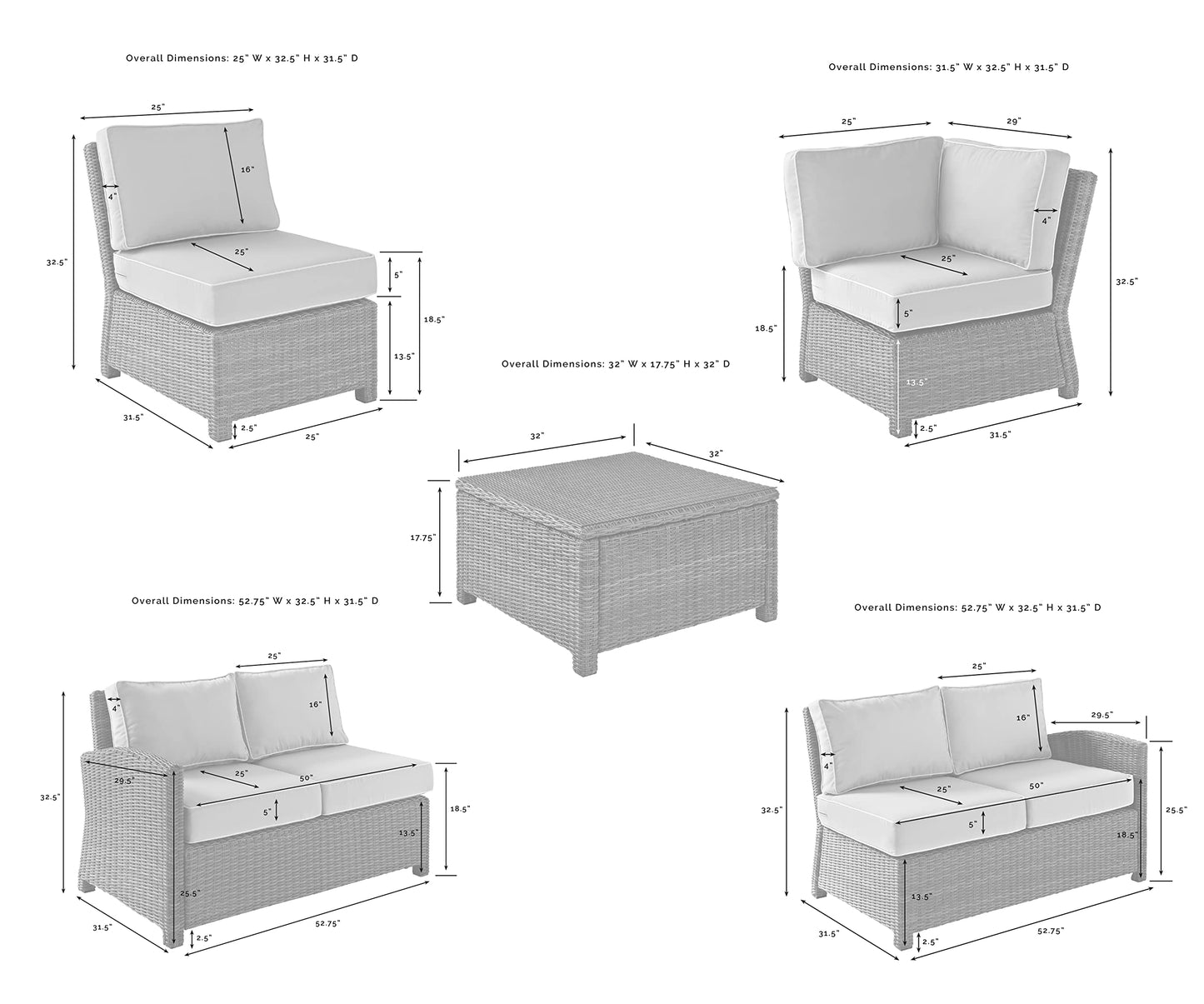 Crosley Furniture Bradenton 5-Piece Outdoor Sectional Sofa Wicker Conversation Patio Furniture Set for Deck, Brown with Gray Cushions