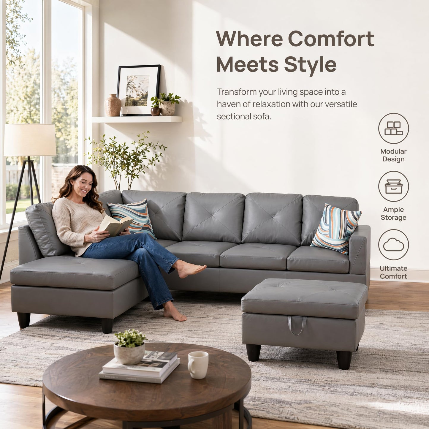 Trygoal 97" Leather L Shaped Couch with Left Chaise & Cup Holder, Sectional Sofas Modular Furniture Set with Storage Ottoman, Convertible Couches for Living Room, Small Space & Office (Grey)