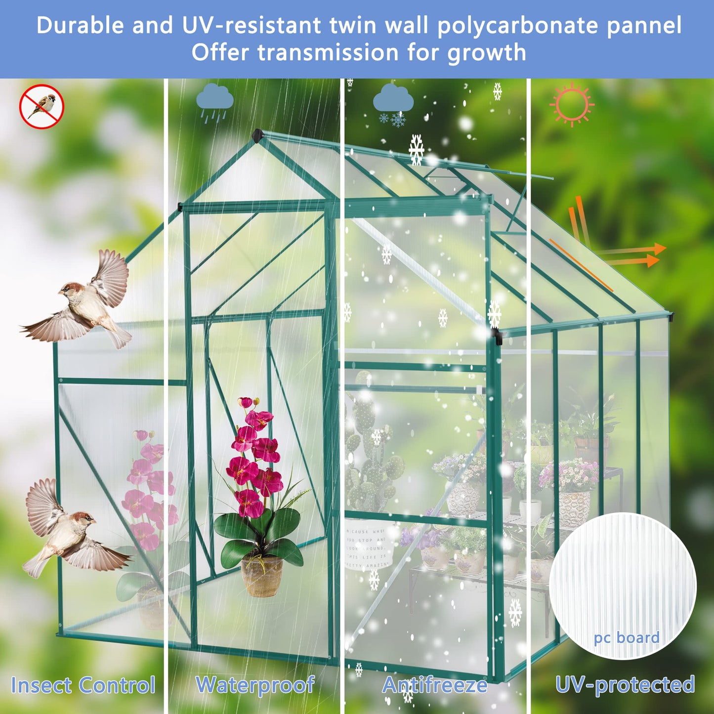 KEIKI 6x8 FT Polycarbonate Greenhouse with Aluminum Frame,Raised Base and Roof Vent,Walk-in Greenhouses for Patio Garden Backyard