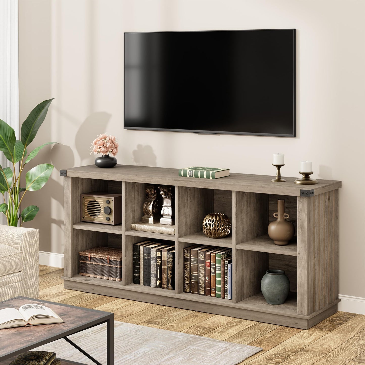 Garvee 8 Cube Storage Organizer Bookshelf, Farmhouse Horizontal Bookcase, 62 in Long Low Bookshelf, Wood Storage Bookcase for Living Room, Entryway, Home Office, Grey
