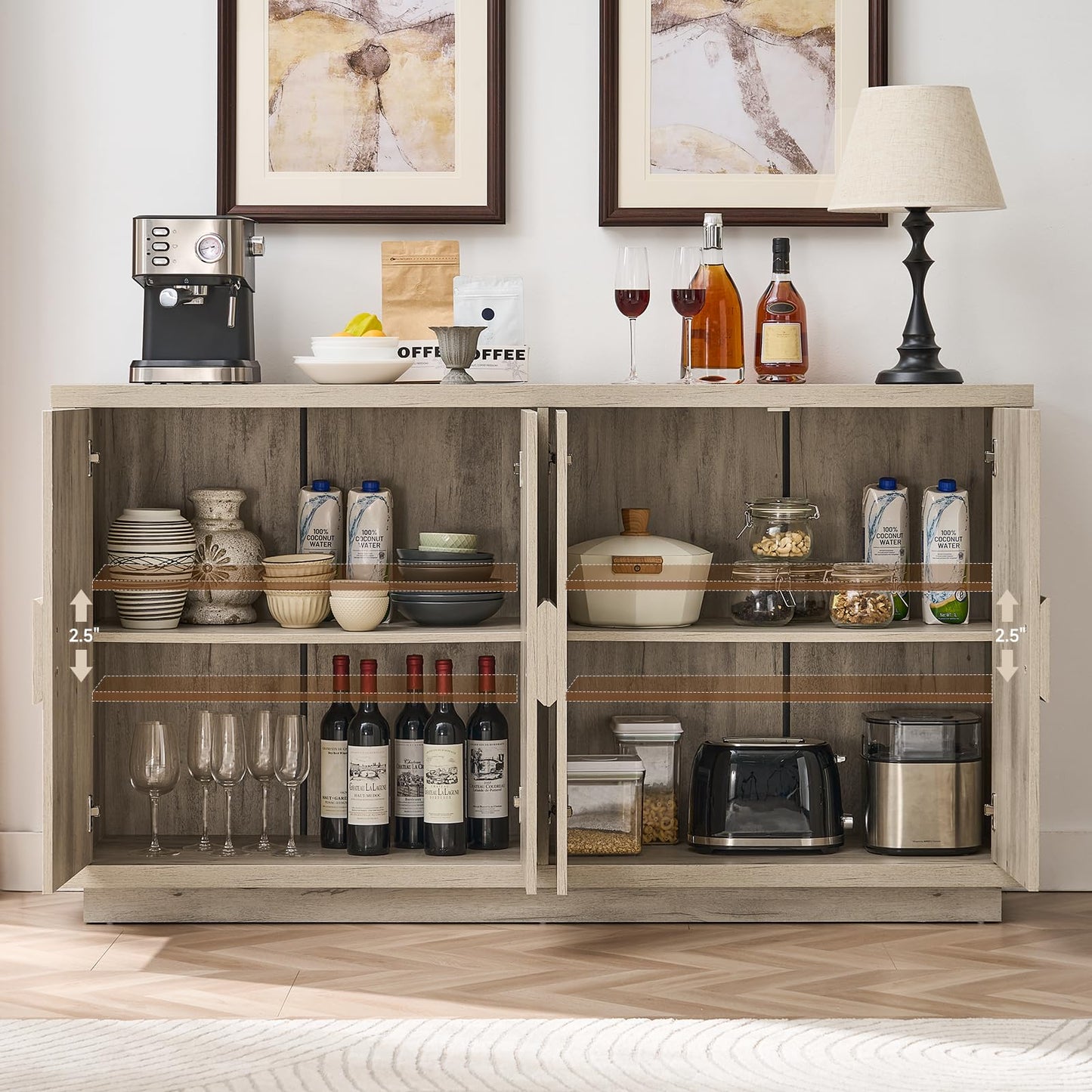 ONBRILL Buffet Cabinet with Storage, 63" Sideboard Cabinet with 4 Doors & Shelves, Wooden Kitchen Coffee Bar Credenza Storage for Living Room, Hallway (63" Wide), Light Grey