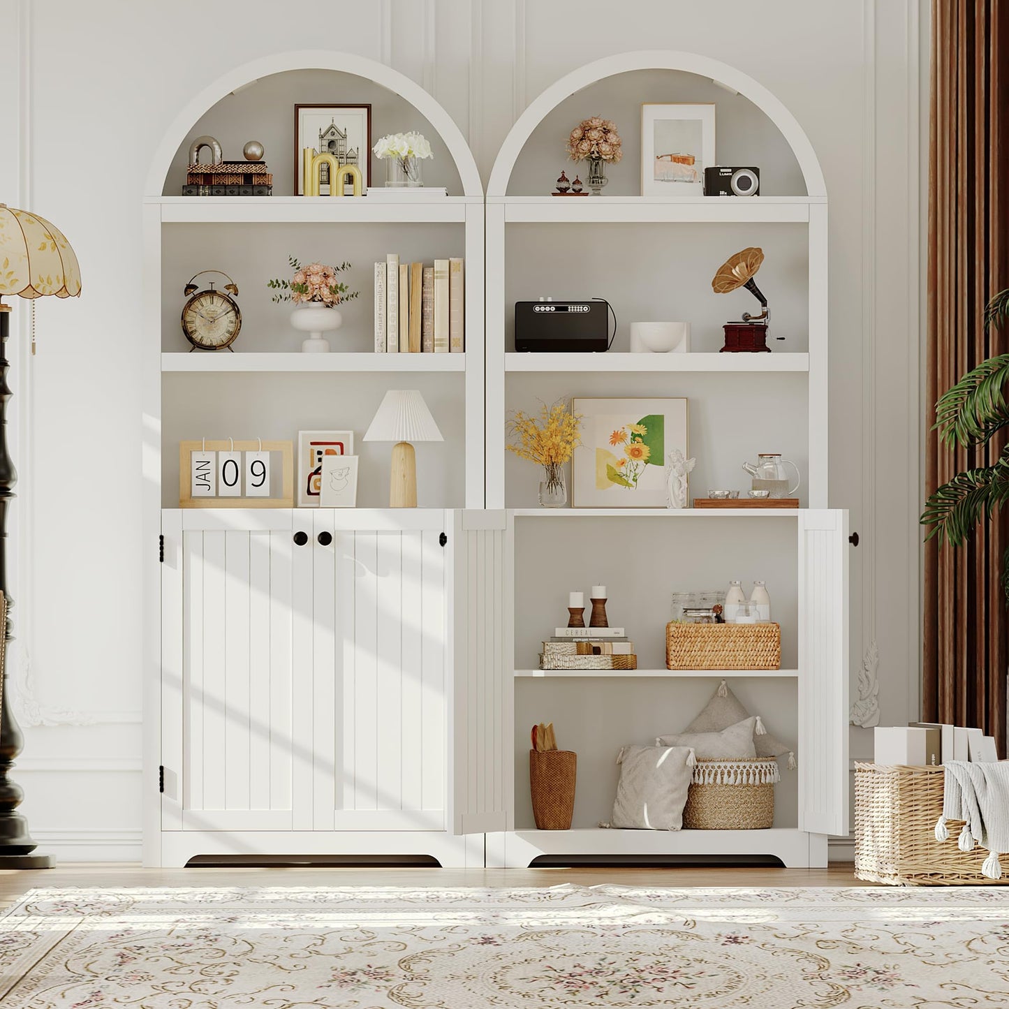 IDEALHOUSE Arched Bookcase with Doors, 72 Inch Tall Storage Bookshelf with Cabinet and Shelves, Wooden Display Bookcase for Living Room, Home Office, White with Black Handles