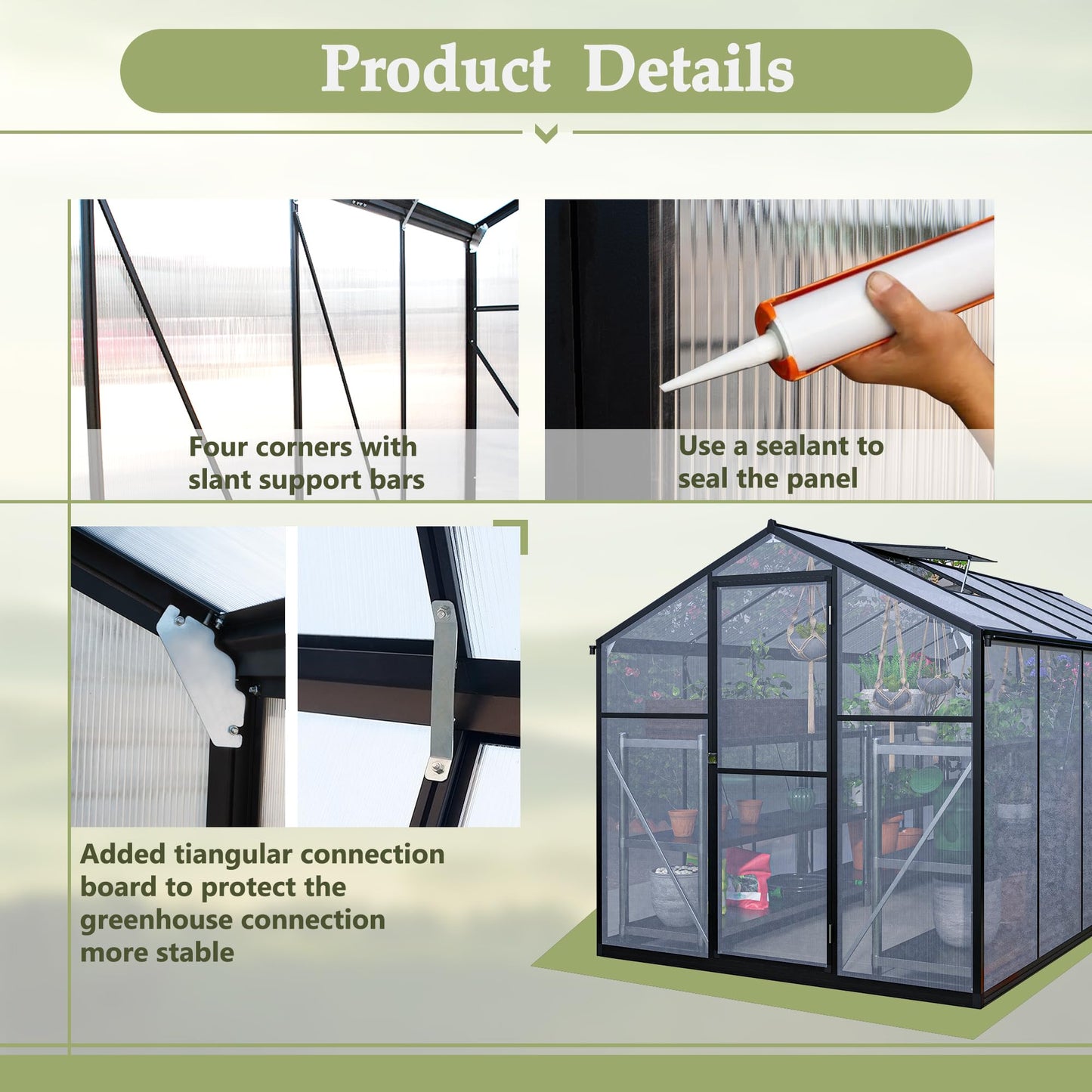 KEIKI 6x12 FT Greenhouse for Outdoors, Heavy Duty Polycarbonate Greenhouse, Large Walk-in Green House with Double Doors and Two Ventilation Windows for Outside Green House Garden Backyard