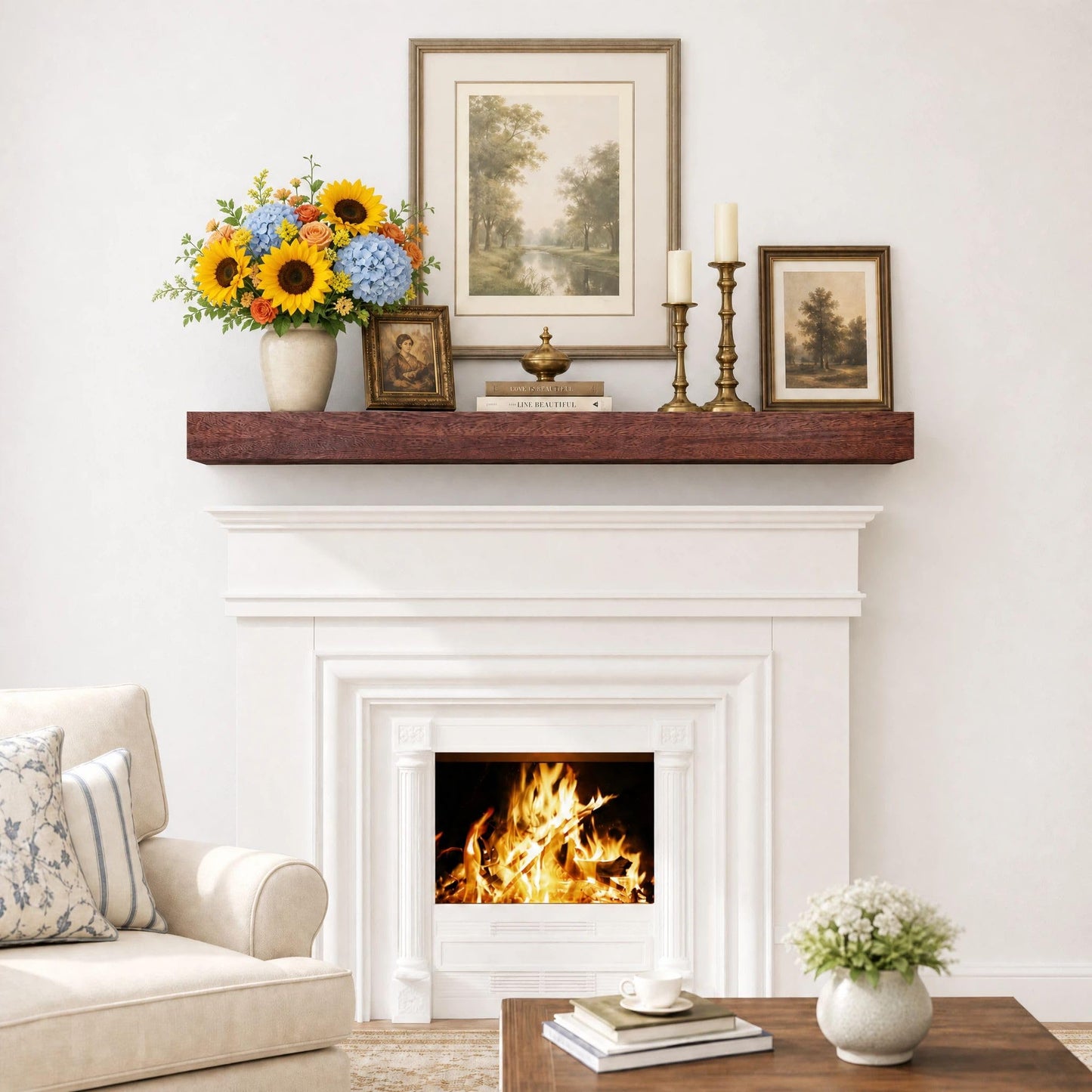 SAUMONIERES Fireplace Mantel Shelves 72 Inch Solid Wood Wall Mounted Long Floating Shelf Hollow, Brown