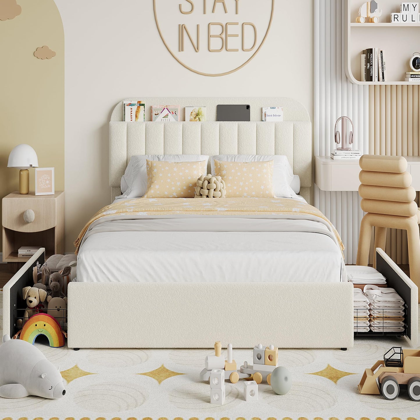 IDEALHOUSE Full Bed Frame with 2 Flexible Drawers and Bookcase Headboard, Boucle Upholstered Platform Bed for Boys/Girls, Noise-Free, Easy Assembly, No Box Spring Needed, Beige