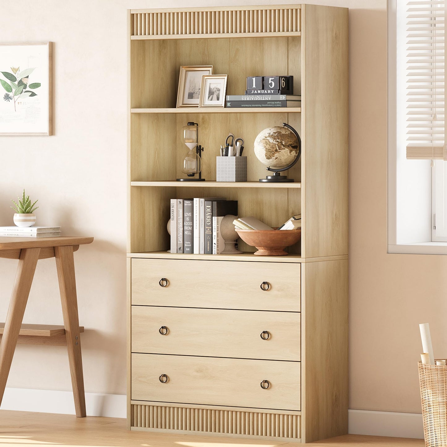 GarveeHome Bookshelf with Drawers 70.8" Fluted Bookcase, Light Wood Bookshelf 6 Tier Bookcase with Storage, Tall Book Shelf with Waved Design, Storage Cabinet with Open Shelf for Living Room Office