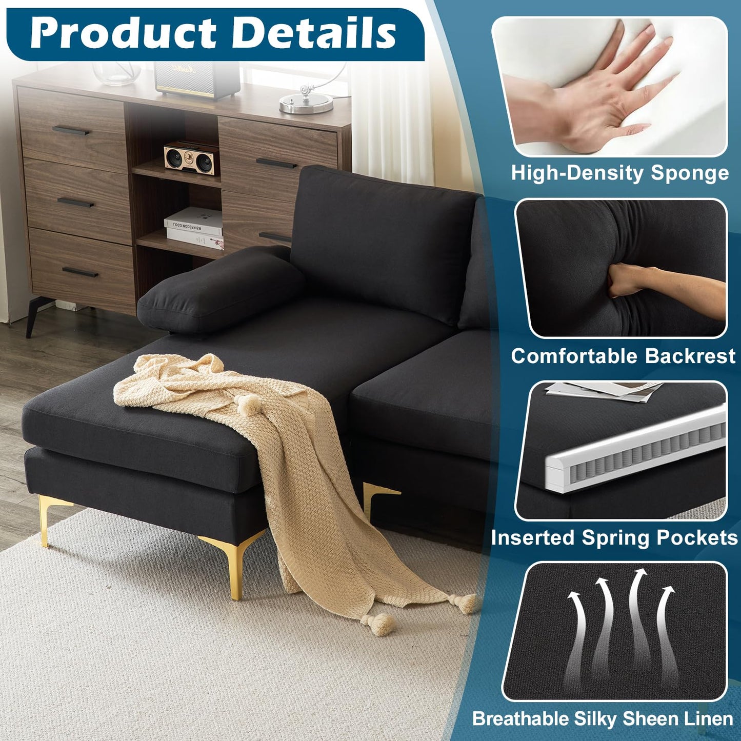 VINGLI 110" Modern Sectional Couch with 51" D Double Chaise, Black Deep Seat U Shaped Couch with Removable Pillows & Metal Legs, Comfy 4-Seat Sofas for Living Room, Linen Fabric