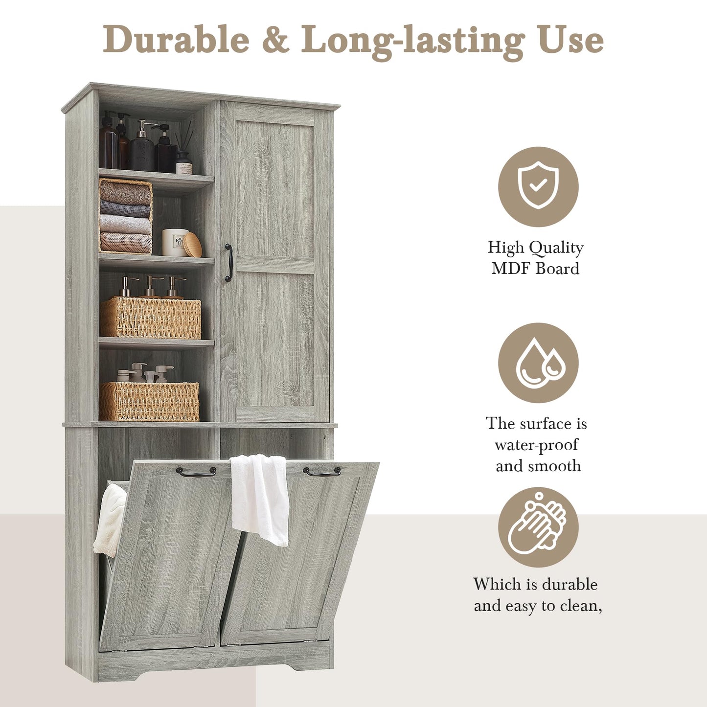 Merax Cabinet with Tilt-Out Laundry Hamper Basket, Tall Bathroom Storage Organizer Linen with Open Shelf for Home, Freestanding, Oak