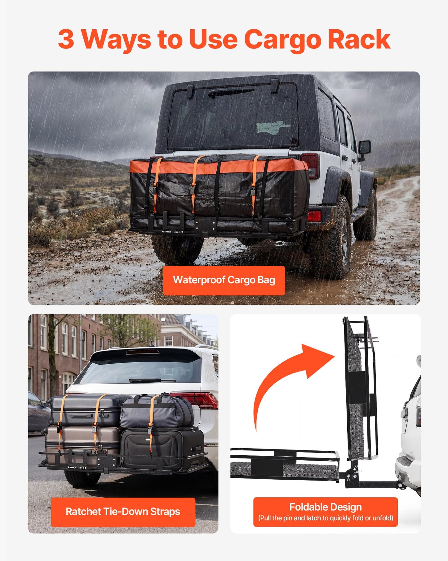 VEVOR Hitch Mount Cargo Carrier, 60" x 36" x 6" Folding Rear Luggage Rack Basket with Waterproof Cargo Bag, 500LBS Capacity High-Strength Steel Hitch Cargo Carrier Fits 2" Receiver for SUV Pickups