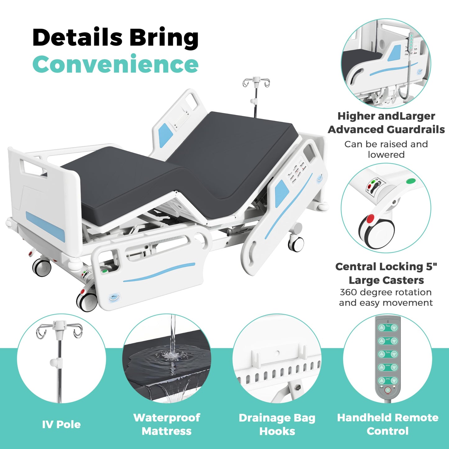 OLERN Advanced 5-Function Full Electric Hospital Bed, Medical Bed for Home