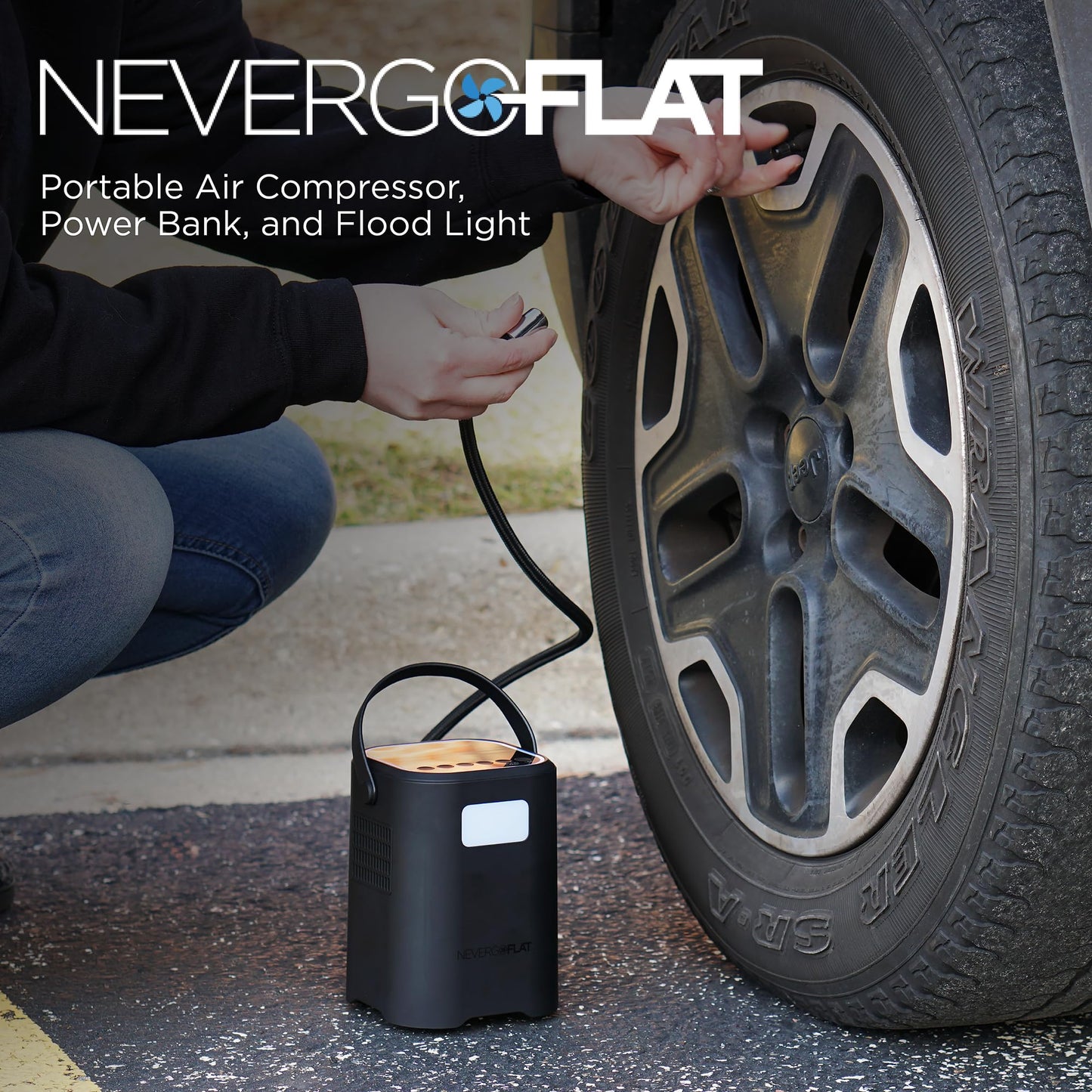 NeverGoFlat 150 PSI Air Compressor and All-in-One Emergency Tool with Emergency Lighting and 4,000mAh Power Bank