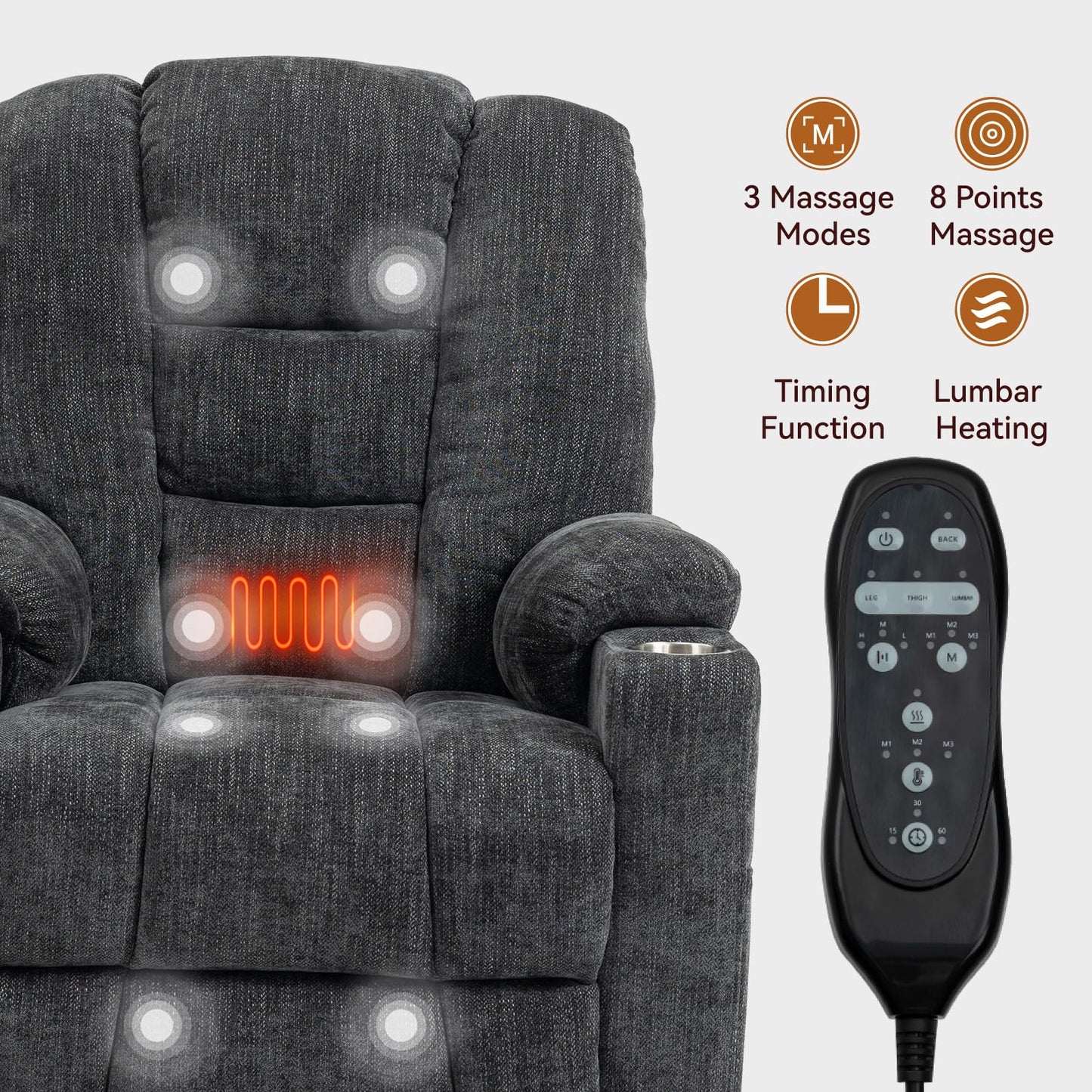KEIKI Oversized Power Lift Recliner Chair with Heat & Massage, Reding Rocking Chair for Elderly, High Seat Comfy Chenille Recliner with Side Pockets, USB Port, Cup Holders & Lumbar Support, Grey
