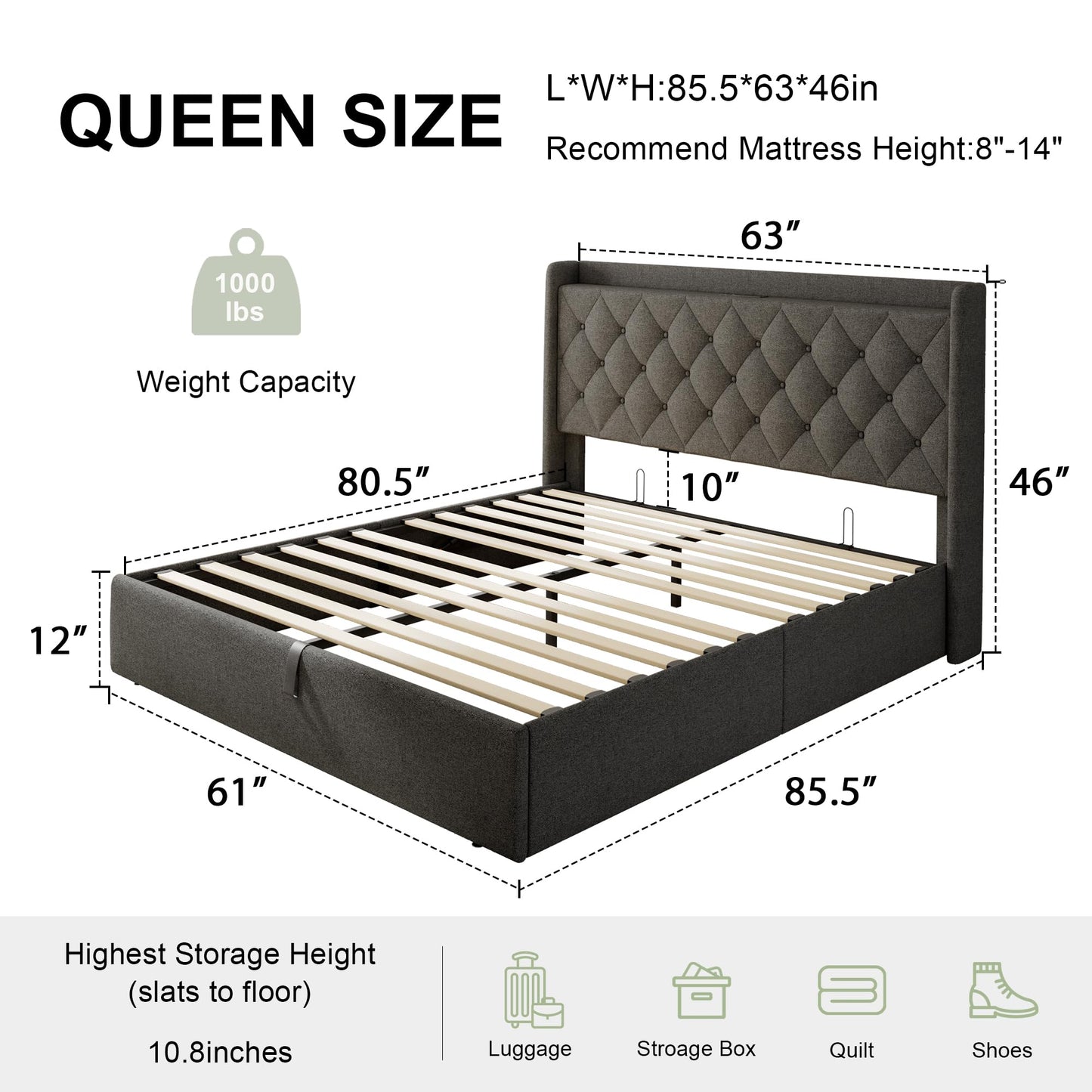 Feonase Queen Bed Frame with Storage & Charging Station - Hydraulic Lift Up Platform Bed, Upholstered Button Tufted Headboard, Sturdy Wooden Slats, Noise-Free, No Box Spring Needed, Dark Gray