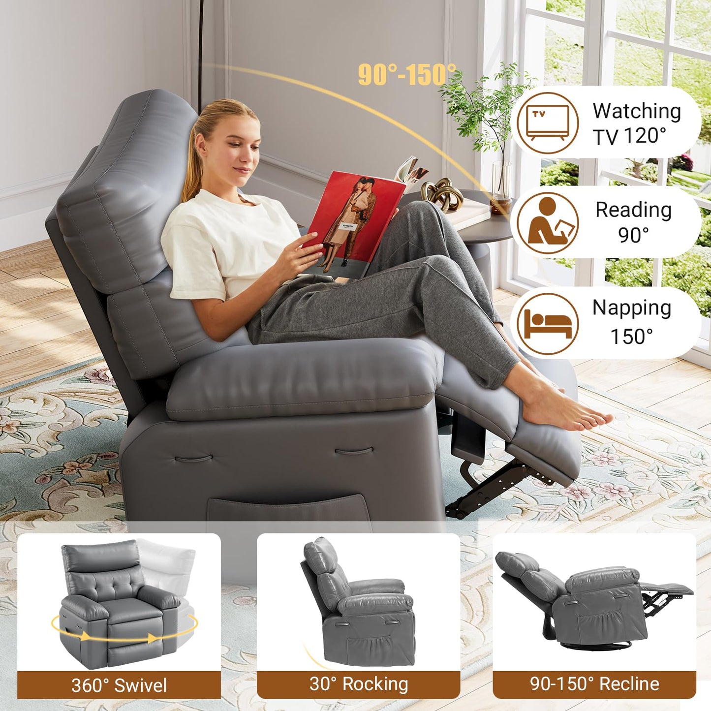 Power Recliner Chair,Rocking Recliner for Adults,Swivel Recliner with Massage,Upholstered Fabric Glider Recliner Nursery Chair,Single Sofa Seat with Side Pockets for Living Room,Grey