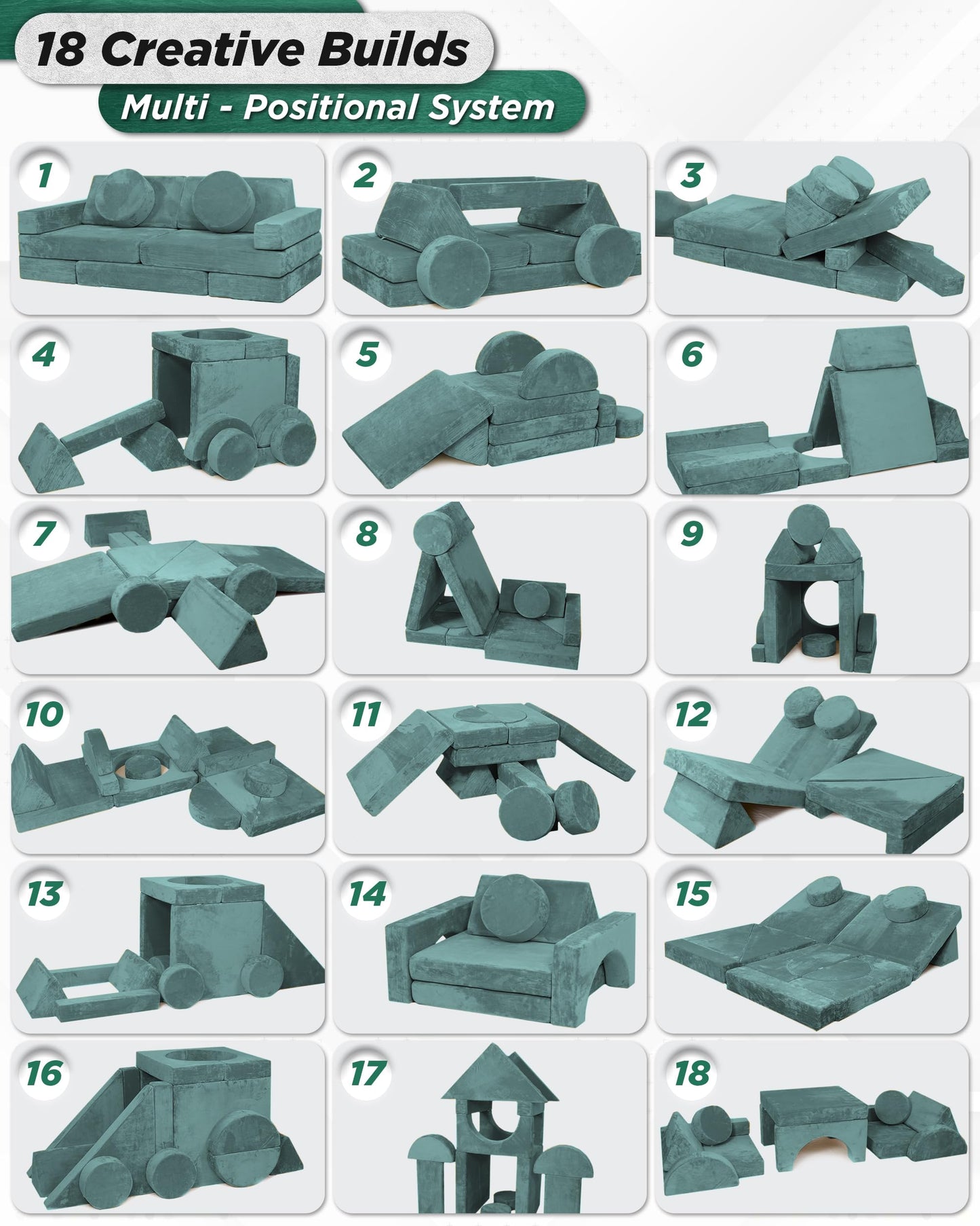 Lunix LX15 14pcs Modular Kids Play Couch, Design-Patent Child Sectional Sofa, Fort-Play Bedroom Playroom Furniture for Toddlers, Convertible Foam, Washable Covers, Oeko-TEX & CertiPUR-US, Sage Teal