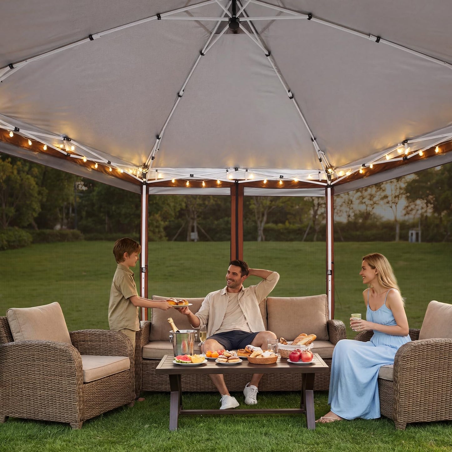 COBIZI 16x16 Pop up Gazebo on Clearance, Hexagonal Outdoor Canopy Tent with Mosquito Netting, Adjustable Height and 256 Square ft of Shade for Party, Backyard, Gardens with Vented Top（Brown）