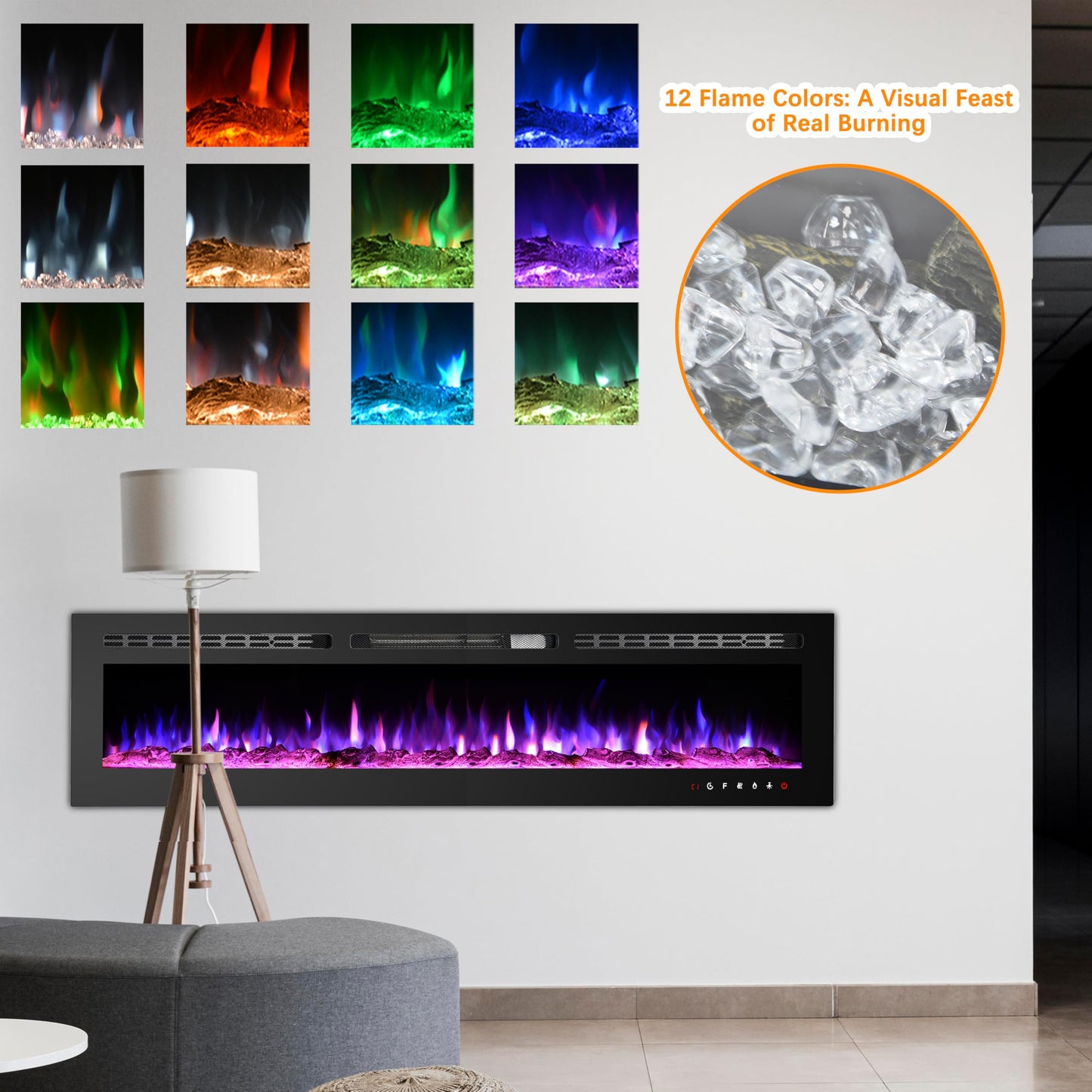 CharaVector 70 inch 750W/1500W Electric Fireplace Inserts with Remote Control in Wall Mounted, Energy Saving LED Insert Fireplace Heater Indoor Glass View with Remote Control & Touch Screen, Black