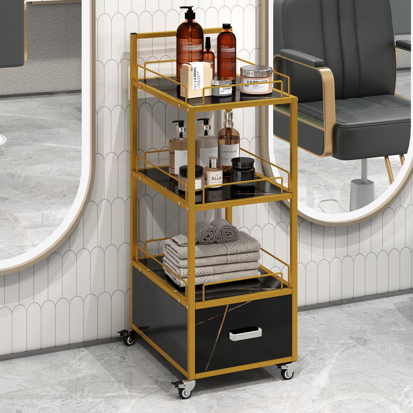 Beauty Salon Cart with Lockable Wheels 3-Tier Rolling Makeup Cart Organizer Esthetician Cart with Drawer Marbled Board for Nail Skincare and Barber Supplies Black and Gold