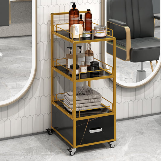 Beauty Salon Cart with Lockable Wheels 3-Tier Rolling Makeup Cart Organizer Esthetician Cart with Drawer Marbled Board for Nail Skincare and Barber Supplies Black and Gold