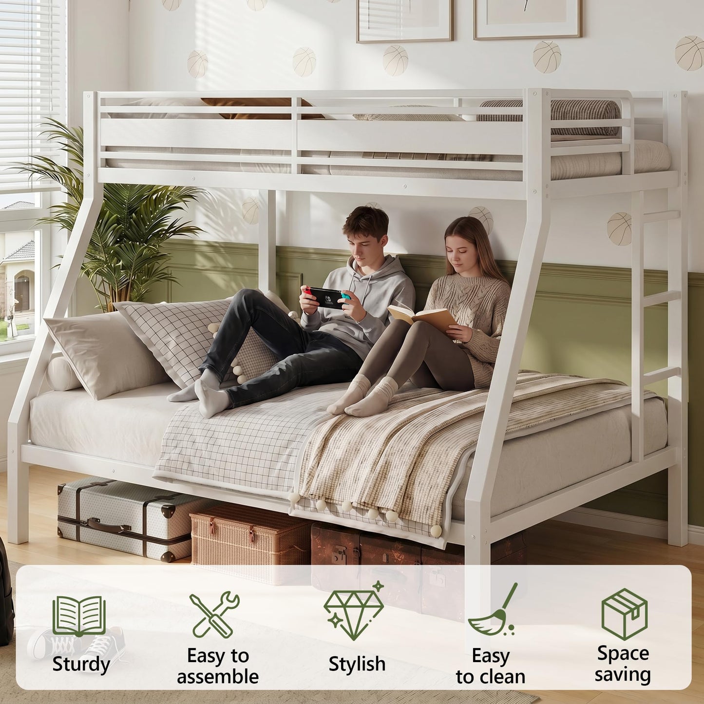 iPormis Heavy Duty Twin Over Full Bunk Beds, Metal Twin Bunk Bed Frame with 12.8" Guardrails, Loft Bed Frame for Kids and Teens, Reversible Ladder, Under Bed Storage Space, No Box Spring Needed, White