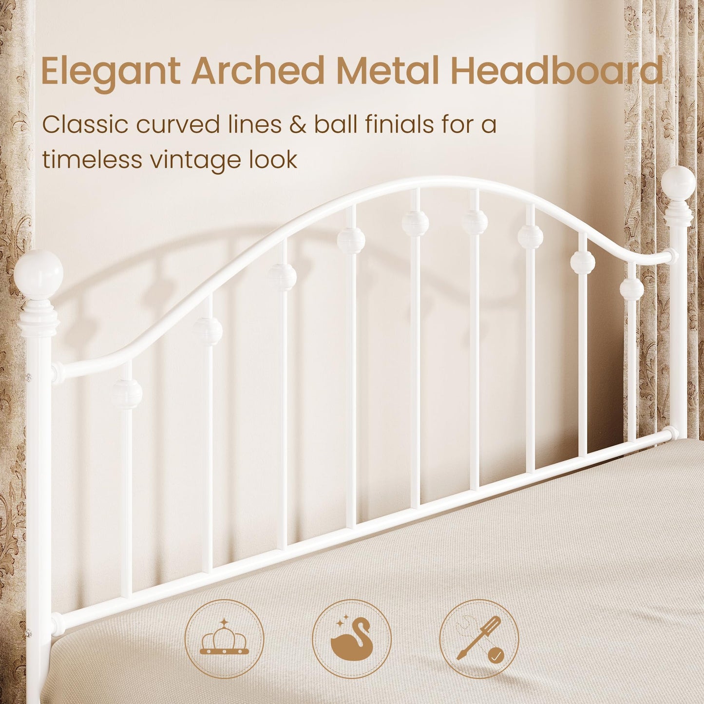SHA CERLIN King Metal Bed Frame, Victorian Style Platform Bed with Curved Headboard and Classic Footboard, No Box Spring Needed, White