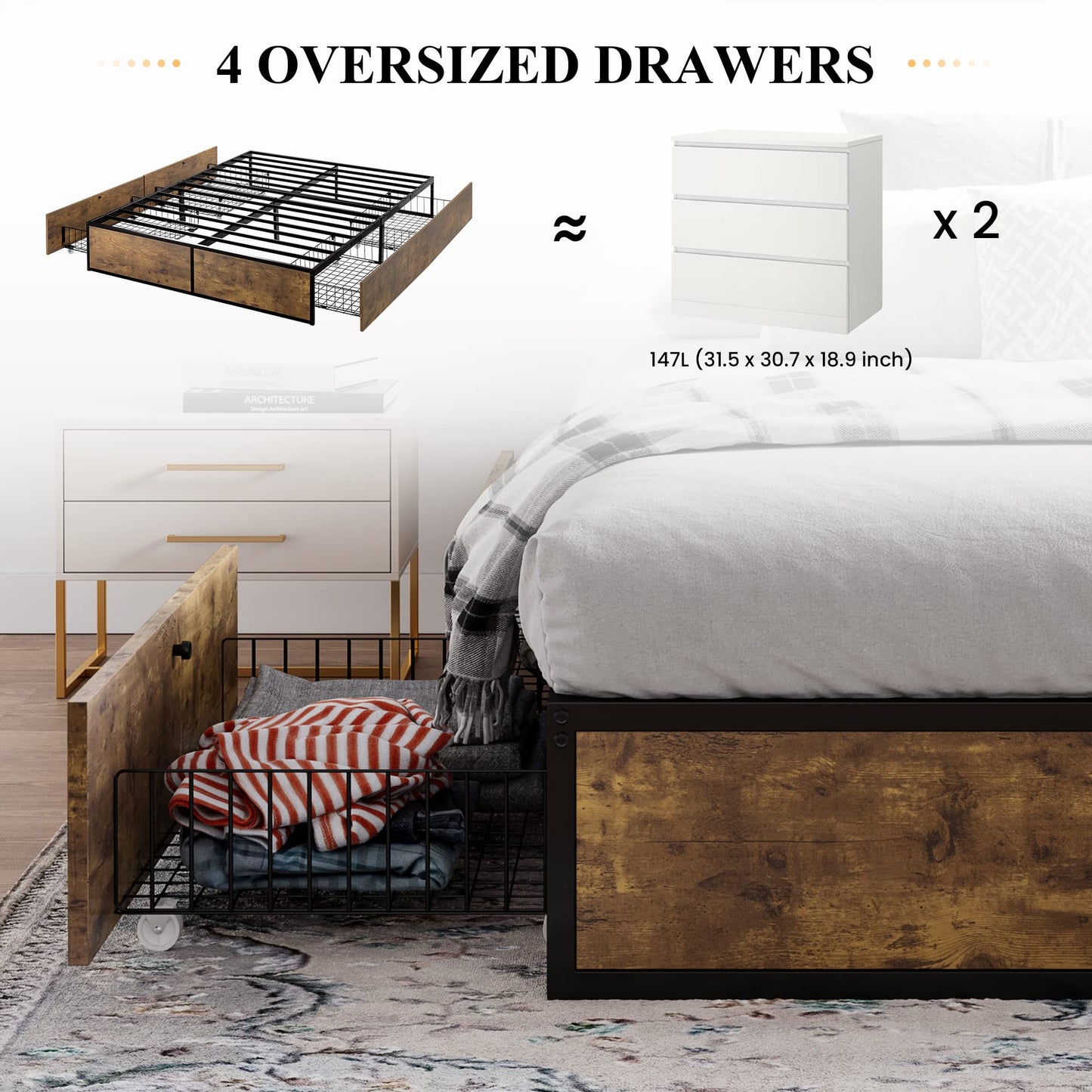 SHA CERLIN Full Size Bed Frame with Storage, 4 Extra Large Drawers on Wheels, Mattress Foundation, Strong Metal Slat Support, No Box Spring Needed, Easy Assembly