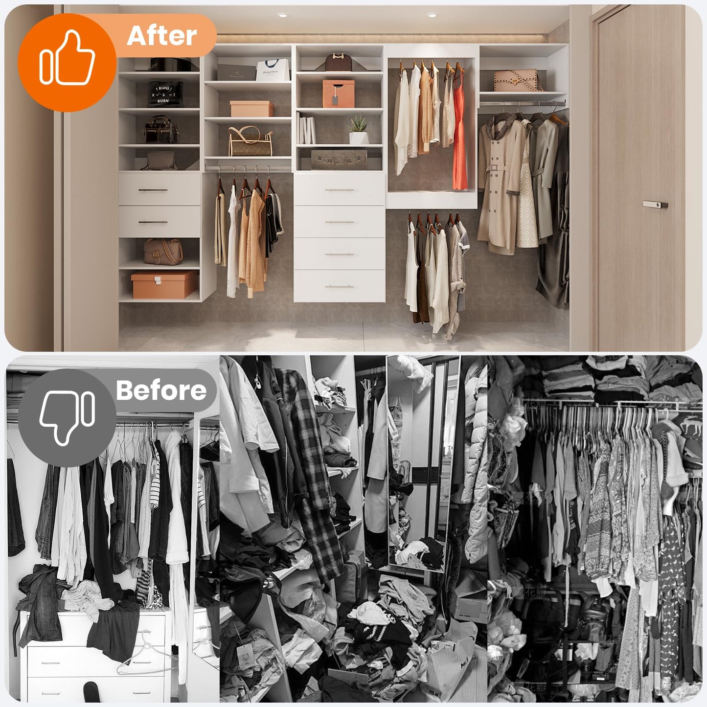 ROOMTEC Modular Closet System, 64" Wall Mounted Closet Organizer with Hanging Rods and Drawers, Wooden Tower for Walk-In Closets, Wardrobe Storage Kit, White