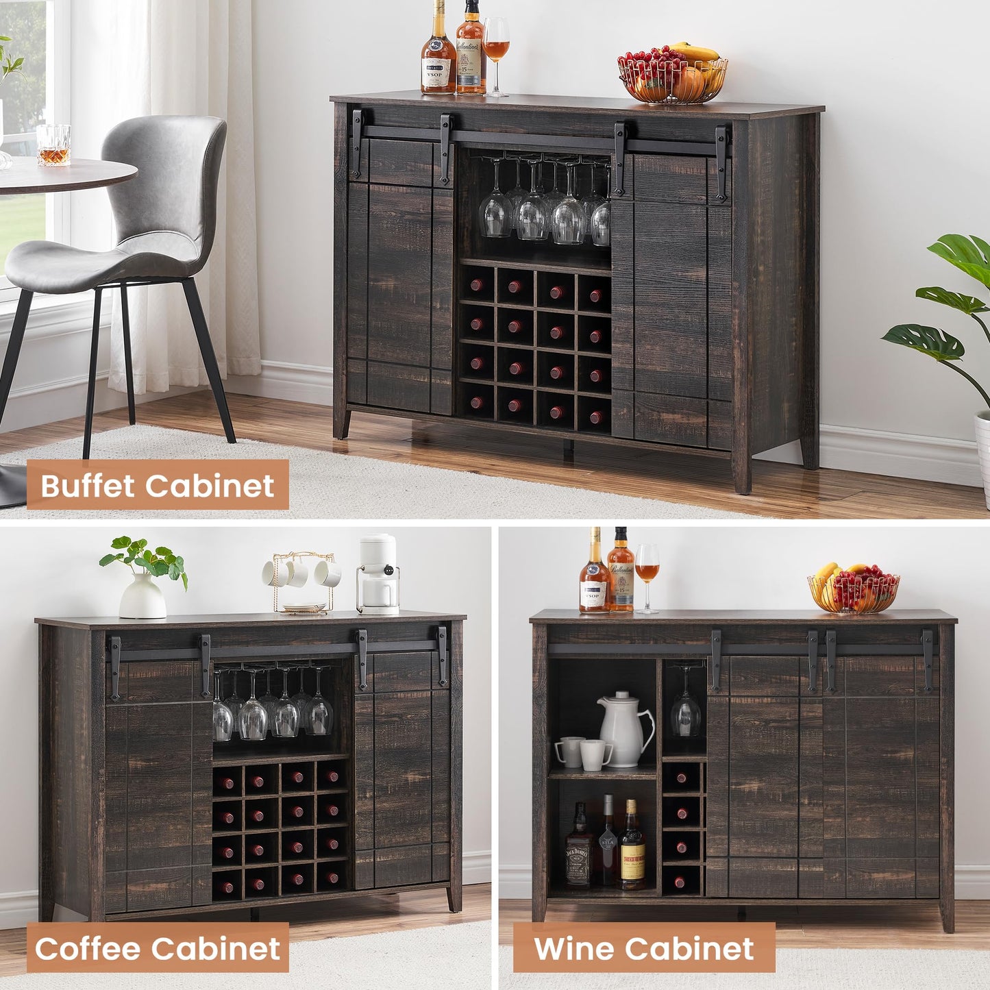 GarveeTech Farmhouse Bar Cabinet with Sliding Barn Doors, Rustic Liquor & Coffee Station with Wine Glass Racks & Adjustable Shelves, Buffet Sideboard for Dining Room, Kitchen, Entryway (Fire Finish)