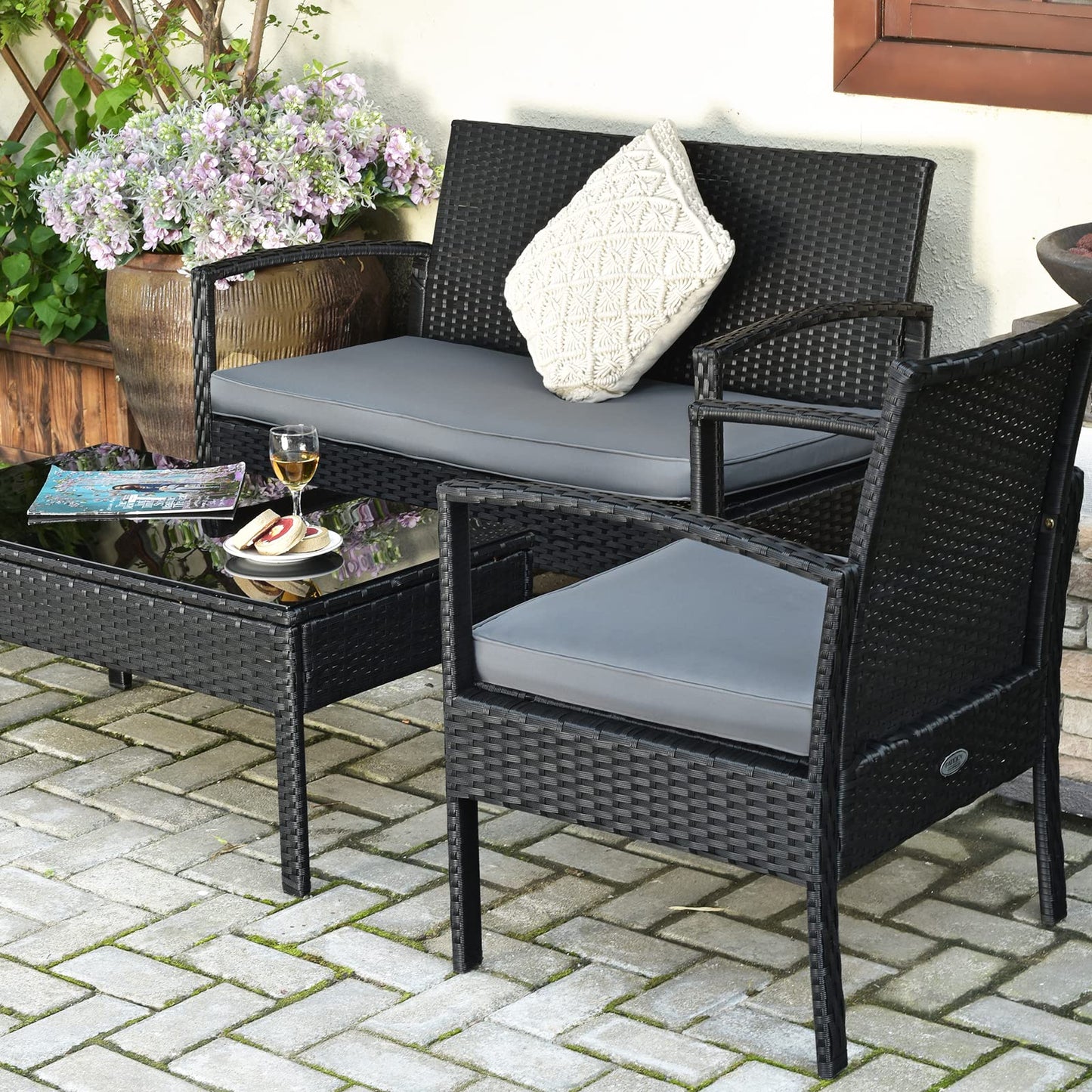 Tangkula 4-PCS Wicker Patio Conversation Furniture Set, Outdoor Rattan Chair and Table Set, Patio Furniture Sets with Coffee Table & Washable Cushions for Courtyard Balcony Garden (1, Black)