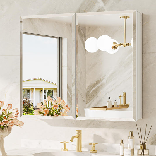 TokeShimi 30 x 26 Medicine Cabinet, Assembly Required, Recessed Medicine Cabinet with Tempered Beveled Mirror, DTC Hinge, Frameless Bathroom Mirror with Storage, Recessed/Surface-Mounted