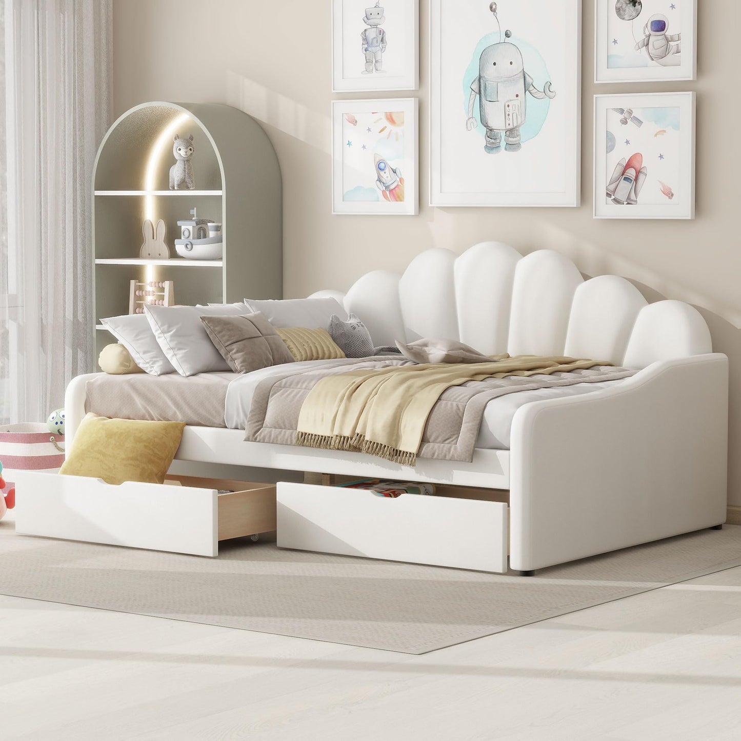 Merax Full Size Modern Upholstered Sofa Day Bed with Shall Shaped Backrest & Storage Drawers, Mutifunction Platform Bed with Wood Slat Support,Velvet Storage Bed Frame with Headboard/Twin, White