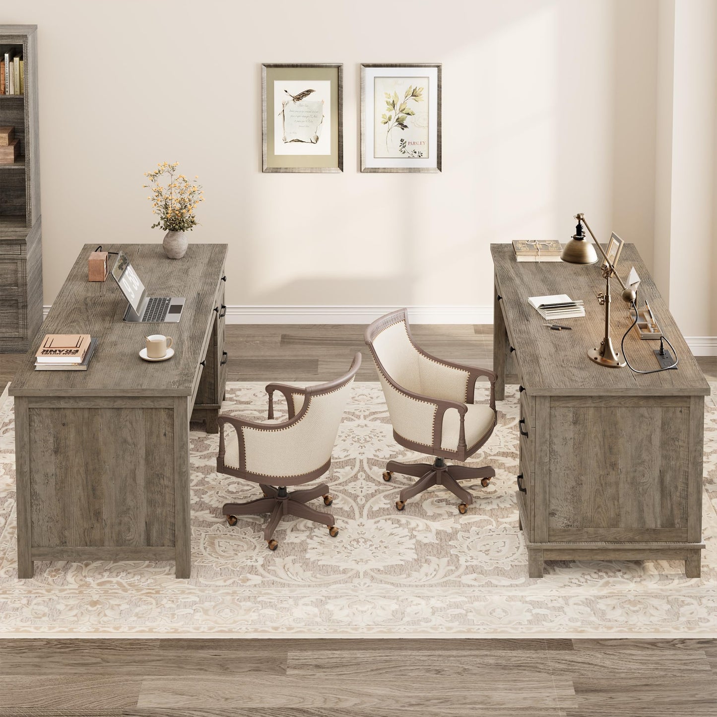GarveeHome Farmhouse Executive Desk with Drawers, 53.54 in Home Office Desk with Charging Station, Wooden Computer Desk with File Cabinet Storage for Work Study Writing, Rustic Gray