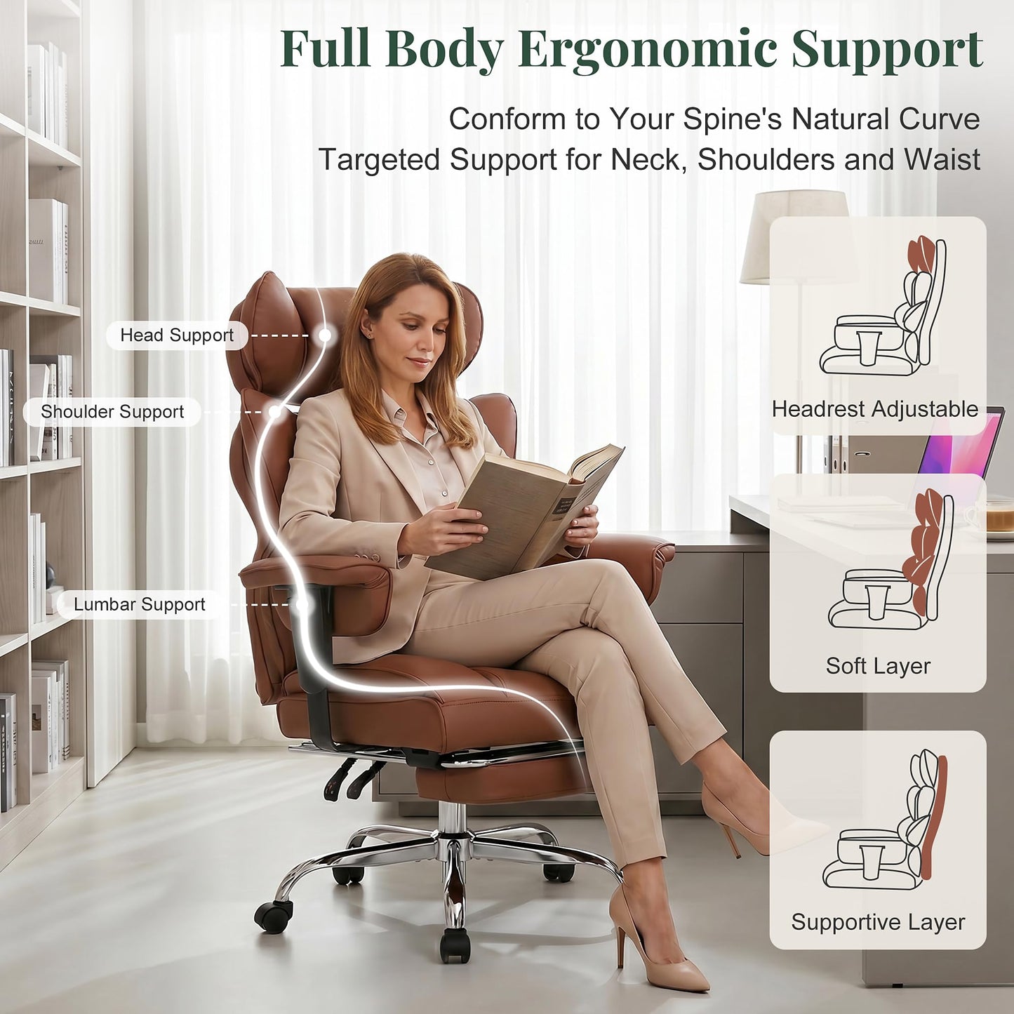 HAPPYMONT Big and Tall Ergonomic Office Chair,350 lbs,High Back Reclining PU Leather Gaming Chair with Footrest, Adjustable Armrests, Lumbar Support, Executive Desk Chair for Home Office, Brown