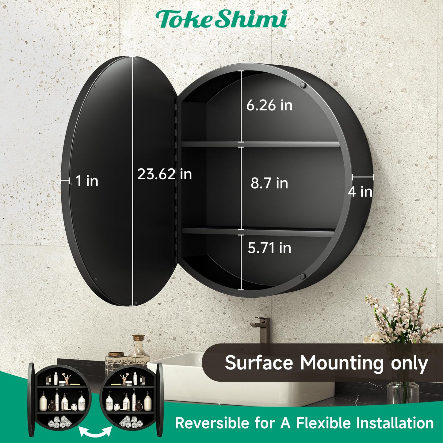 TokeShimi 24 x 24 Round Medicine Cabinet with Mirror, Black Medicine Cabinet, Circle Bathroom Mirror with Storage, Shatterproof with Metal Frame, Detachable Shelves, Wall Mounted Only