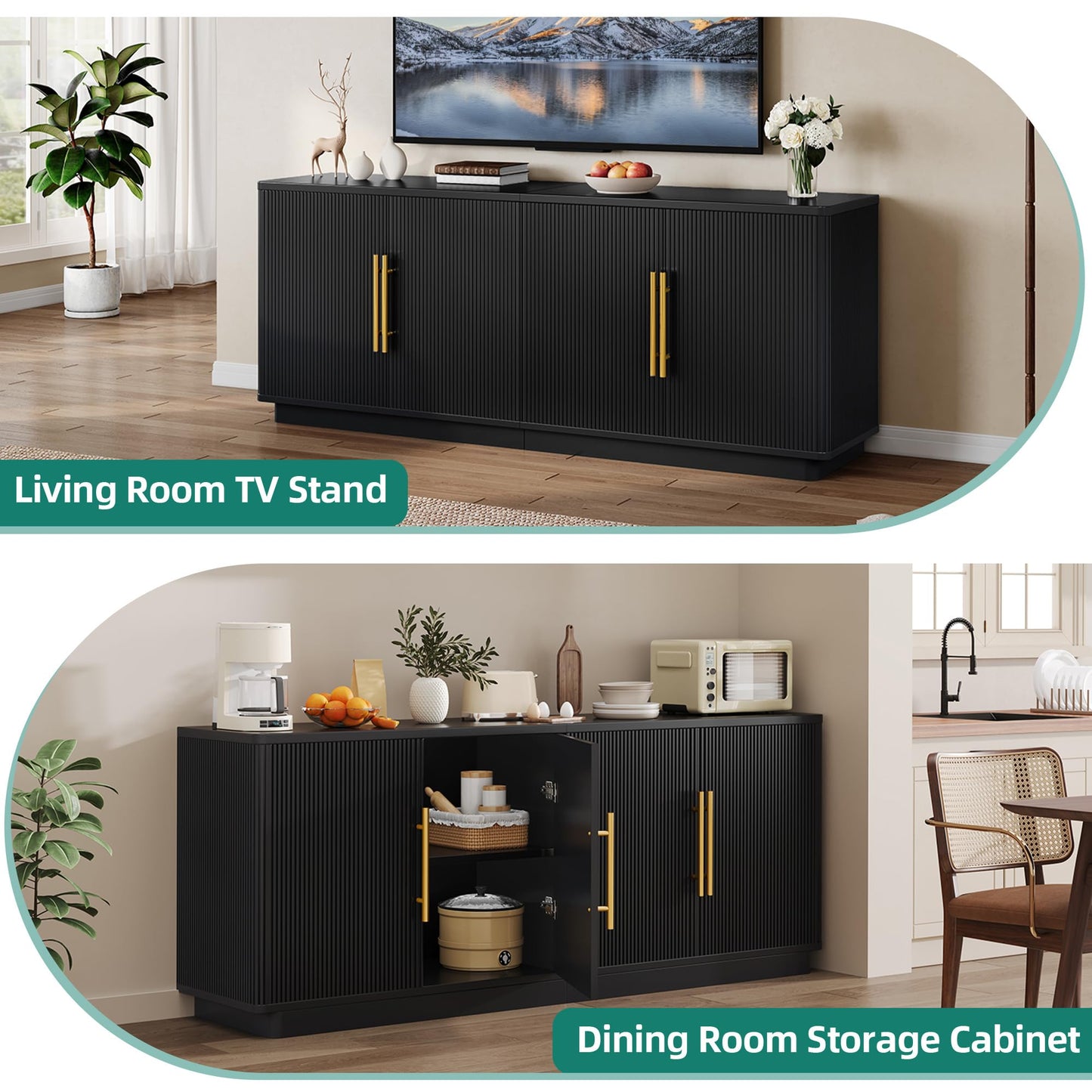 YITAHOME TV Stand for TVs up to 80 Inches, Media Console with 4 Fluted Doors, 70" Entertainment Center with Ample Storage for Living Room(Black Oak)