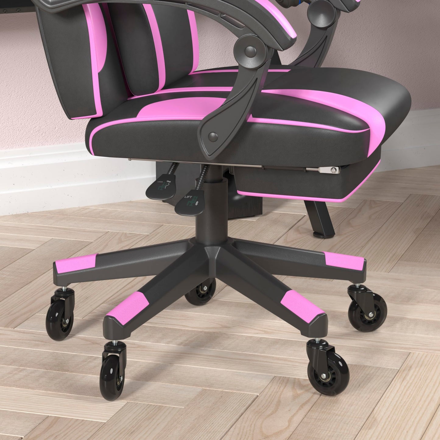 Flash Furniture X40 Gaming Chair Racing Computer Chair with Fully Reclining Back/Arms and Transparent Roller Wheels, Slide-Out Footrest, - Black/Purple