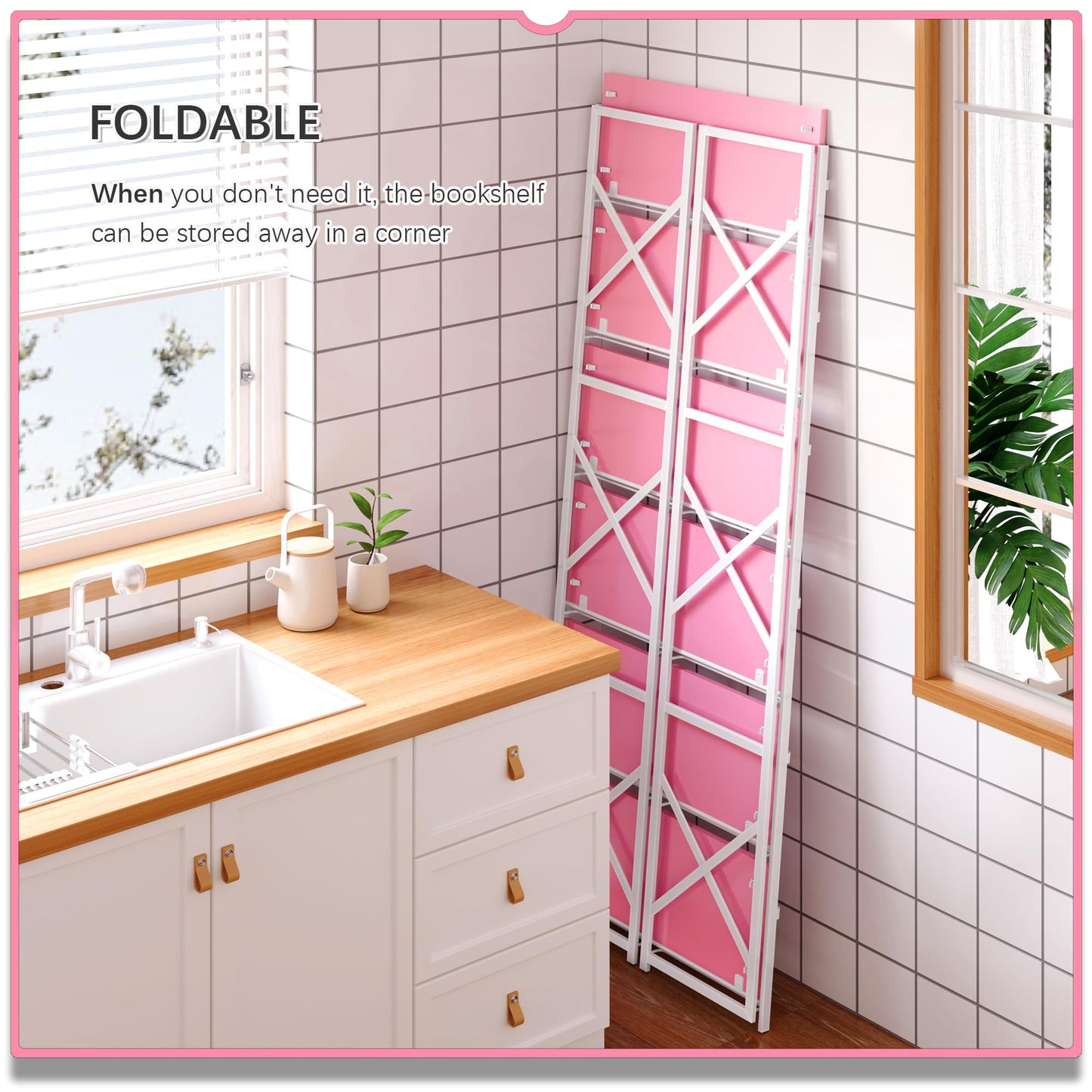 4NM 6 Tiers No Assembly Book Shelves, 61.8" H Folding Bookshelf Bookcase Open Industrial Foldable Shelves for Bedroom, Living Room, Home Office - Pink White