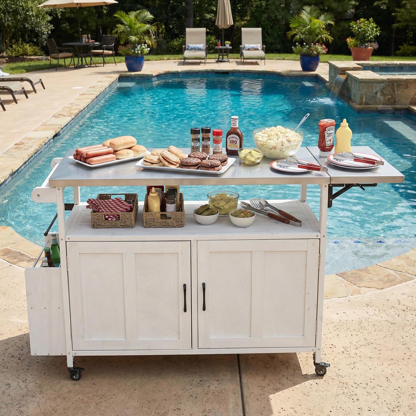 Outdoor Kitchen Island Cart with Foldable Stainless Steel Top, Rolling Grill Table with Adjustable Shelf Storage Spice Rack and Towel Holder, Wooden BBQ Prep Station with Lockable Wheels, White