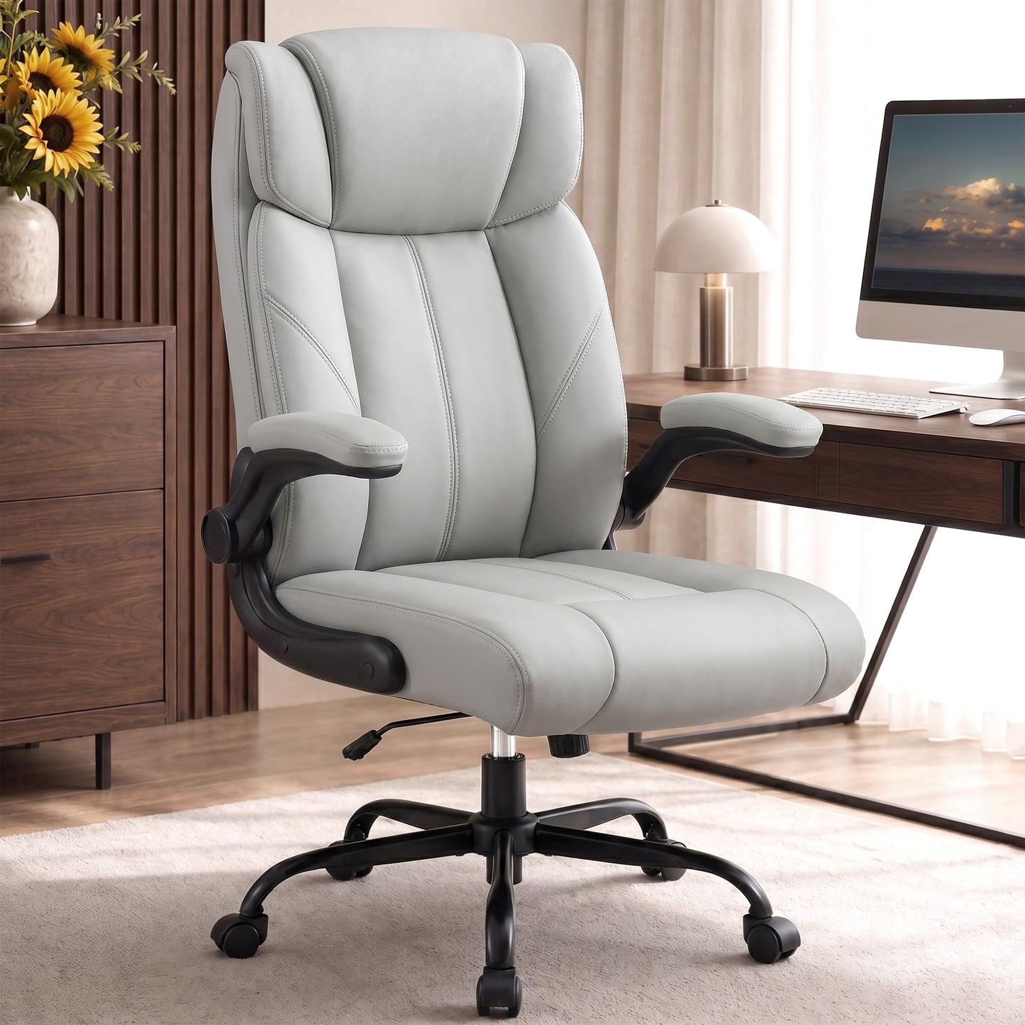 OwgeinSet Office Chair, Leather Ergonomic Computer Desk Chair with Rocking Function, High Back Executive Home Office Chair with Adjustable Flip-up Armrests, Lumbar Support, 360° Swivel, Elegant Grey