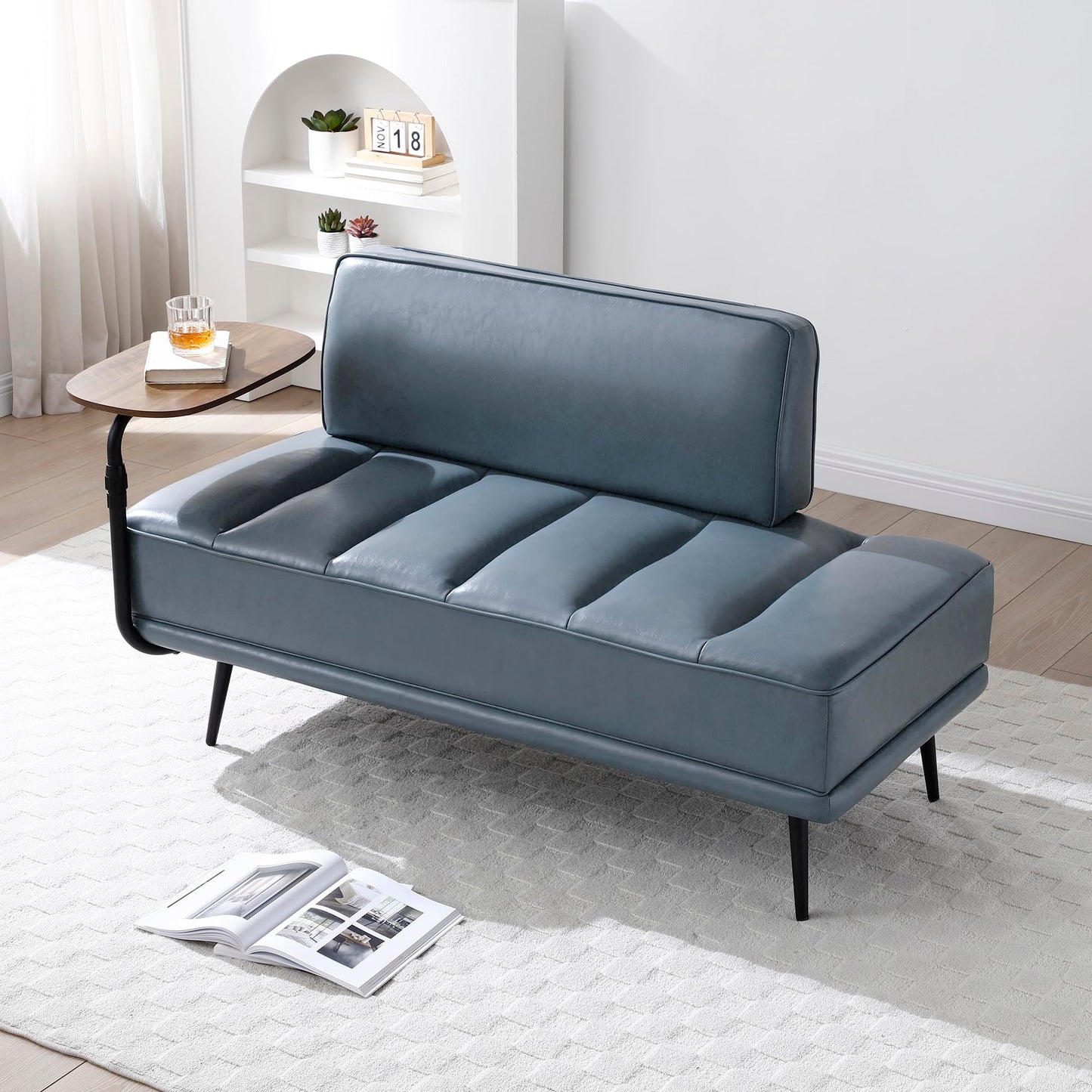 KEIKI End of Bed Bench for Bedroom with Swivel Tray & Tablet Holder, Modern Faux Leather Upholstered Sitting Bench with Metal Legs, Chaise Lounge Bedroom Couch, Gray