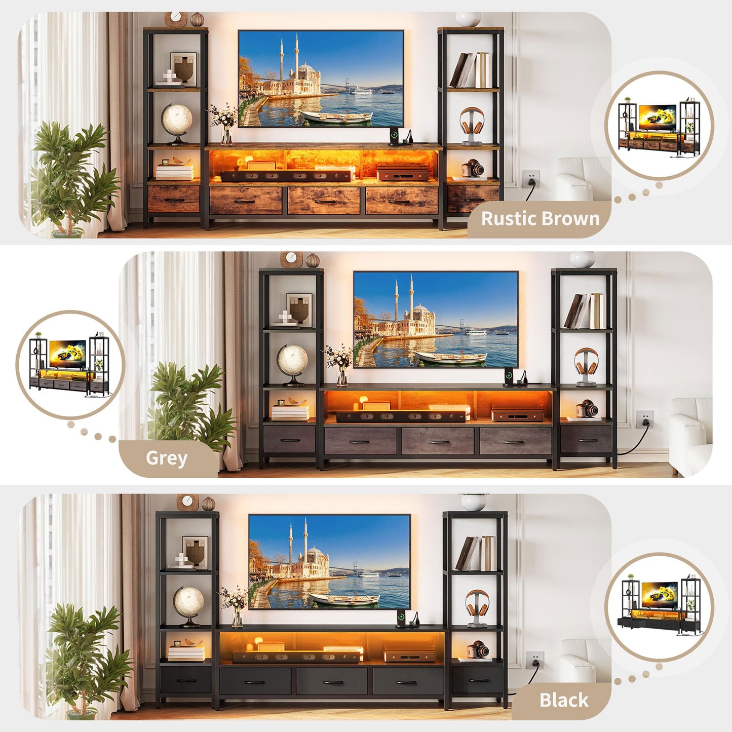 YITAHOME TV Stands for 65 inch TV Entertainment Center with 2 Industrial 4-Tier Bookshelves, LED TV Stands for Living Room, Modern Farmhouse TV Console Cabinet with Power Outlets, Rustic Brown