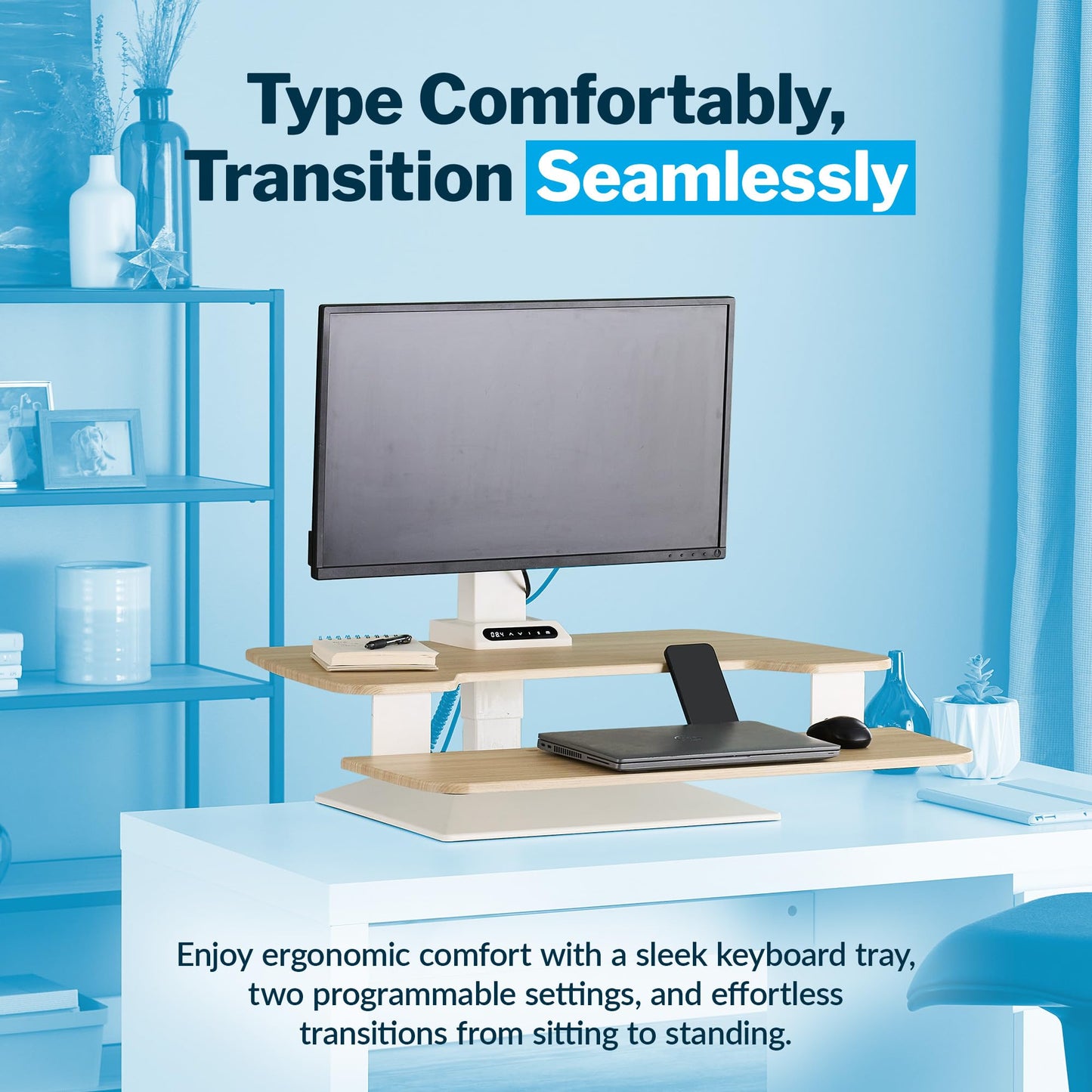 Vari VariDesk Premier Electric Converter - Standing Desk Height Adjustable Riser - Stand Up Converter for Home Office Workspace - Single Monitor Mount Computer Workstation (Light Wood)